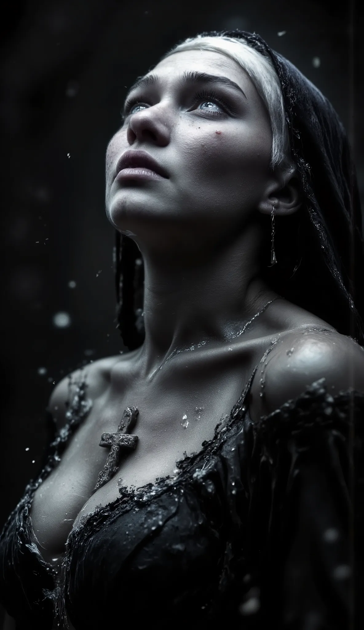 Epic realistic portrait, black and white photography, 25 years old scantily clad sexy sad and crying innocent nun looking up from the right side into heaven. Nun with Jesus on the wooden cross necklace on the chest, tears on face, warmth of exhalation from...