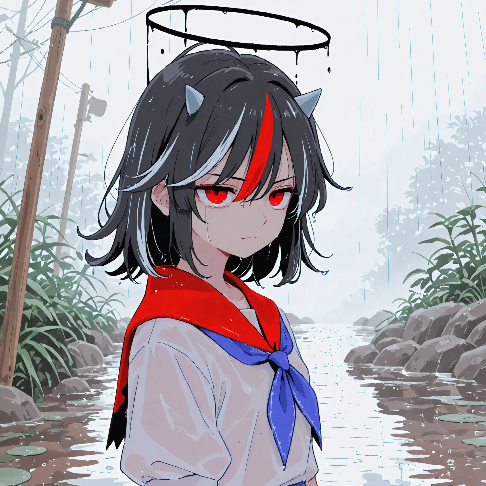 only one person，Kijin Seija，touhou，serious，Black Halo，rainwater，roadside，with your eyes shining