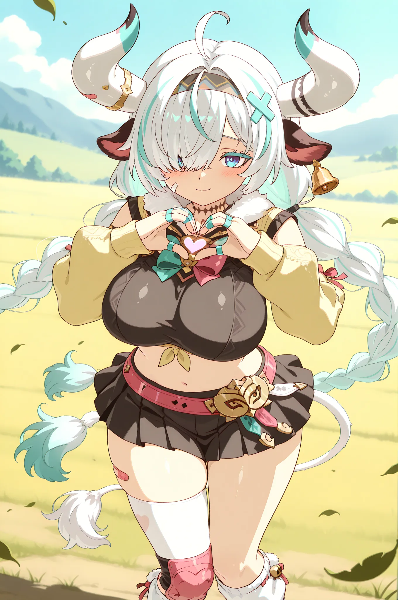 masterpiece, best quality, amazing quality, 8k, HDR, absurdres, newest, cinematic lighting, cinematic shadows, cinematic, (genshin impact:1.2), (anime coloring:1.5), (pose:1.2), looking at viewer, smile, heart hand, shy, blush, 1girl, v4r3s4 (cosplay), Gojo Monika, two-tone hair, white hair, aqua hair, streaked hair, ahoge, hair intakes, very long hair, twintails, twin braids, hair over right eye, blue eyes, colored eyelashes, large breasts, petite, curvy, very cute, cow girl, cow horns, mismatched horns, multicolored horns, horn ornament, bandaid on horn, cow tail, white tail, white cow ears, ear bell, multicolored hairband, x hair ornament, bandaid on cheek, neck tattoo, arm ribbon, bandaid on thigh, multiple rings, two-tone bowtie, aqua bowtie, pink bowtie, long sleeves, detached sleeves, yellow sleeves, clothing cutout, fur-trimmed sweater, tied sweater, cropped sweater, yellow sweater, black tank top, pink belt, miniskirt, pleated skirt, black skirt, asymmetrical legwear, single thighhigh, white thighhighs, pink knee brace, white leg warmers, falling leaves, hair floating, wind, outdoors, meadow, butterflies,