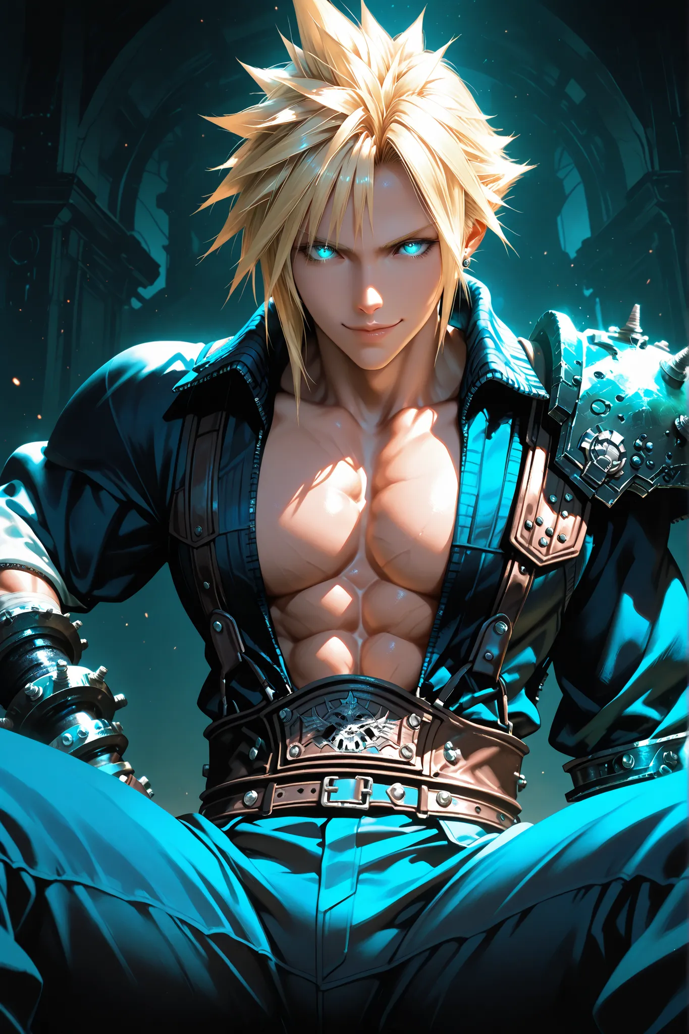 Cloud Strife, Final Fantasy VII inspired, masterpiece, best quality, ultra-detailed, 8k, muscular male, abs, seductive expression, confident smile, sharp blue eyes, spiky blond hair, open military-style jacket, tight pants, detailed fantasy outfit, cinemat...