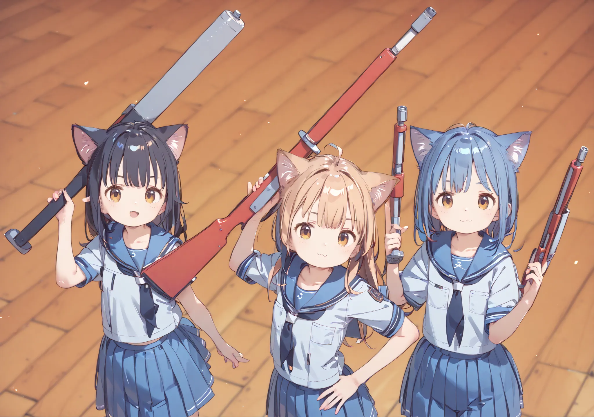 
high image quality、high quality、8ｋ、4ｋ、Young girl、Juvenile body、 immature body、 lori、 lori体形、Flat chest、Cat ears、sailor suit、3 girls、brave、