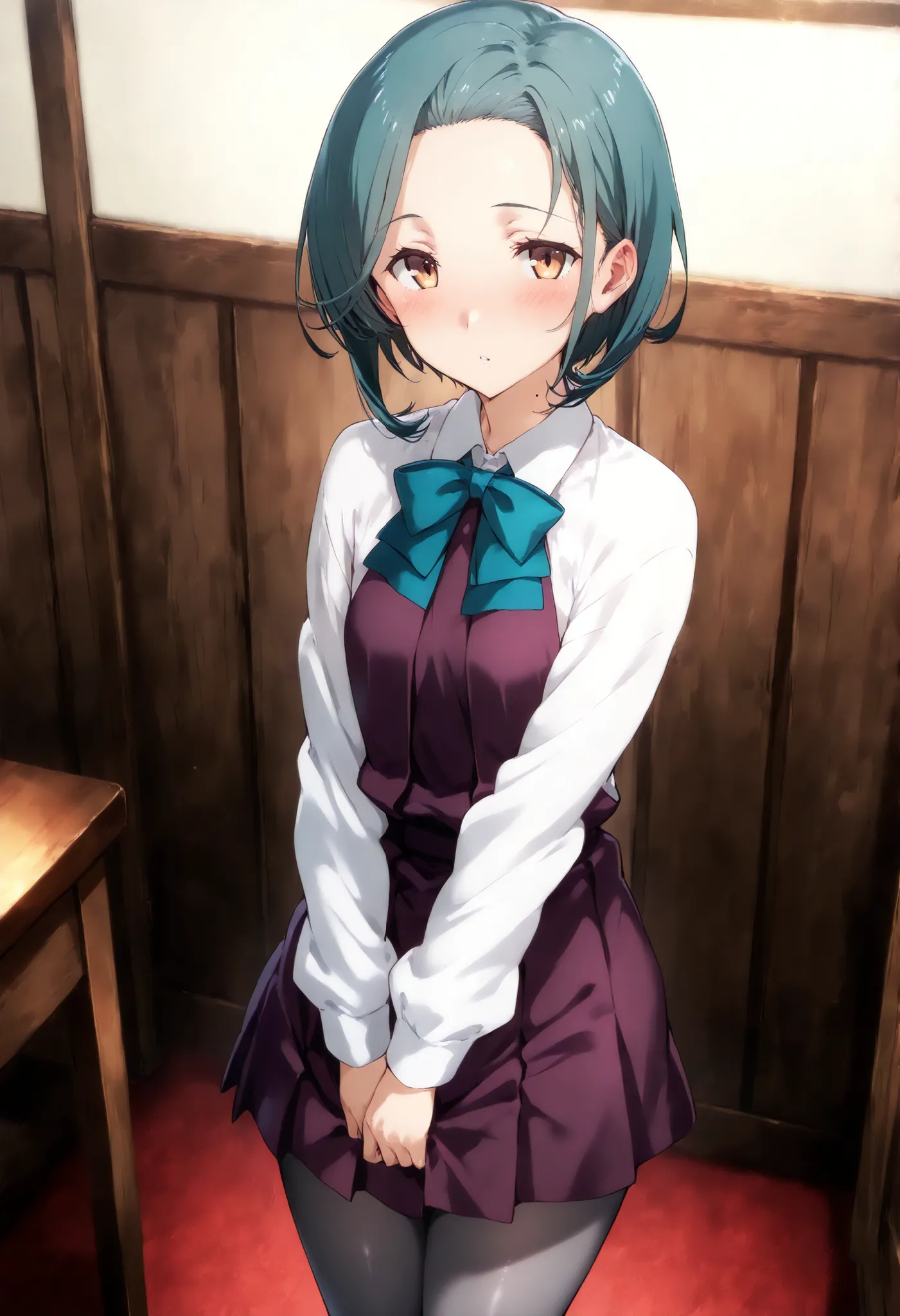 Tamanami (KANCOLLE),, 一人の女の子, 一人で,
tamanamiKC, short hair, shirt, long sleeves, dress, bow, school uniform,pantyhose, bowtie, purple dress, forehead,pleated dress, grey pantyhose, mole on neck, 灰色の髪, カウボーイショット,