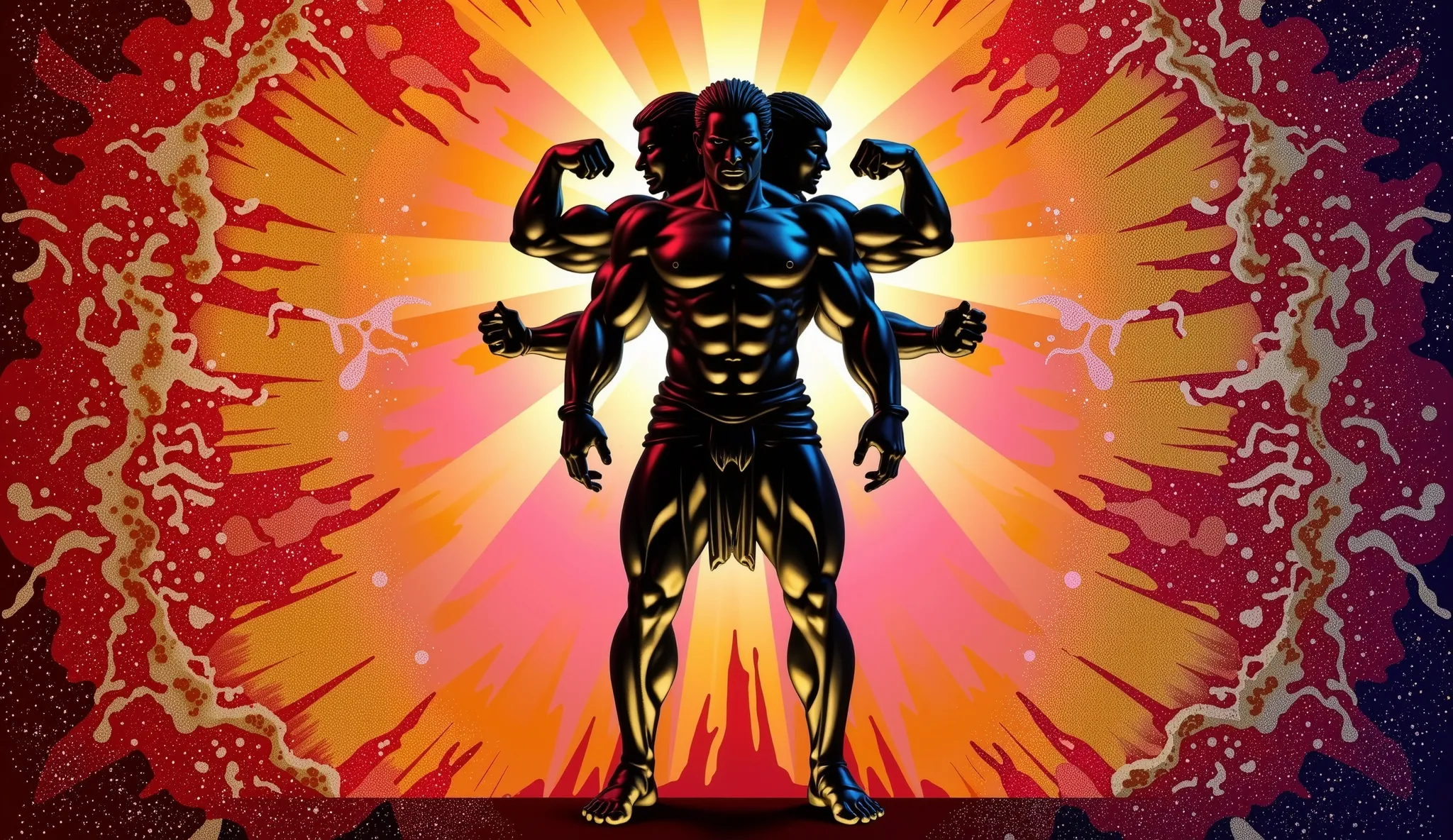 Epic, realistic and cinematic scene: the mythological giant Geryon stands imposingly, with two strong legs and three torsos perfectly joined at the waist. From the waist up, he appears as three warriors back to back, each with two muscular arms. Silhouette...