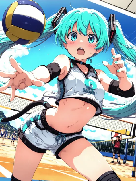 (masterpiece、Highest Quality、Highest Quality、Official Art、beautiful and beautiful:1.2)、(1 girl on break day:1.3)Hatsune Miku、beautiful breasts、light green twin tail、Only one female, standing (squatting:0.8), (Underhand receive), (dynamic pose), (beach voll...