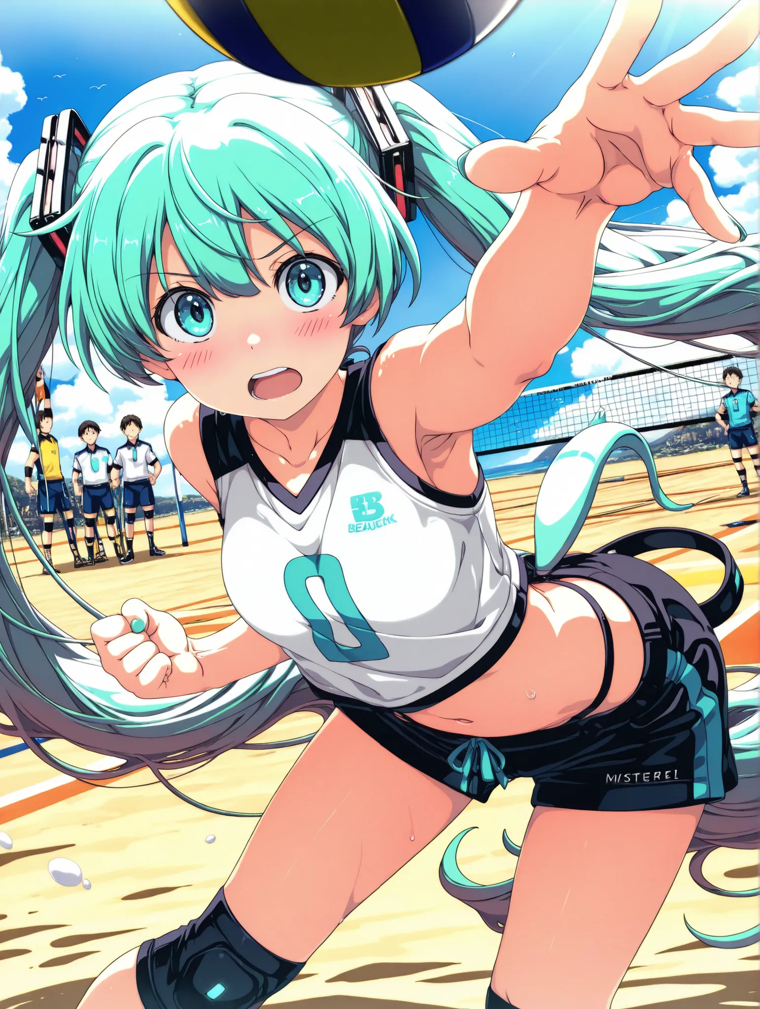 (masterpiece、Highest Quality、Highest Quality、Official Art、beautiful and beautiful:1.2)、(1 girl on break day:1.3)Hatsune Miku、beautiful breasts、light green twin tail、Only one female, standing (squatting:0.8), (Underhand receive), (dynamic pose), (beach voll...