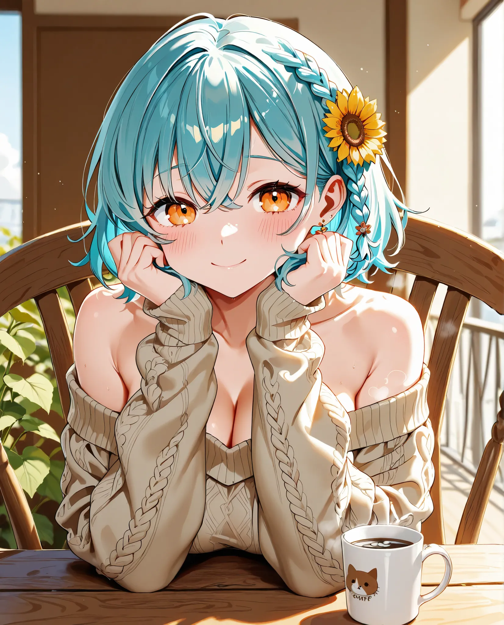1girl, (solo), absurdres, aqua hair, short hair, braided_bangs_hairstyle, orange_eyes, golden_eyeshadow, large_breasts, bare_shoulders blurry_background blush braid brown_sweater cable_knit cafe clenched_hands closed_mouth cloud coffee_mug collarbone cup ...