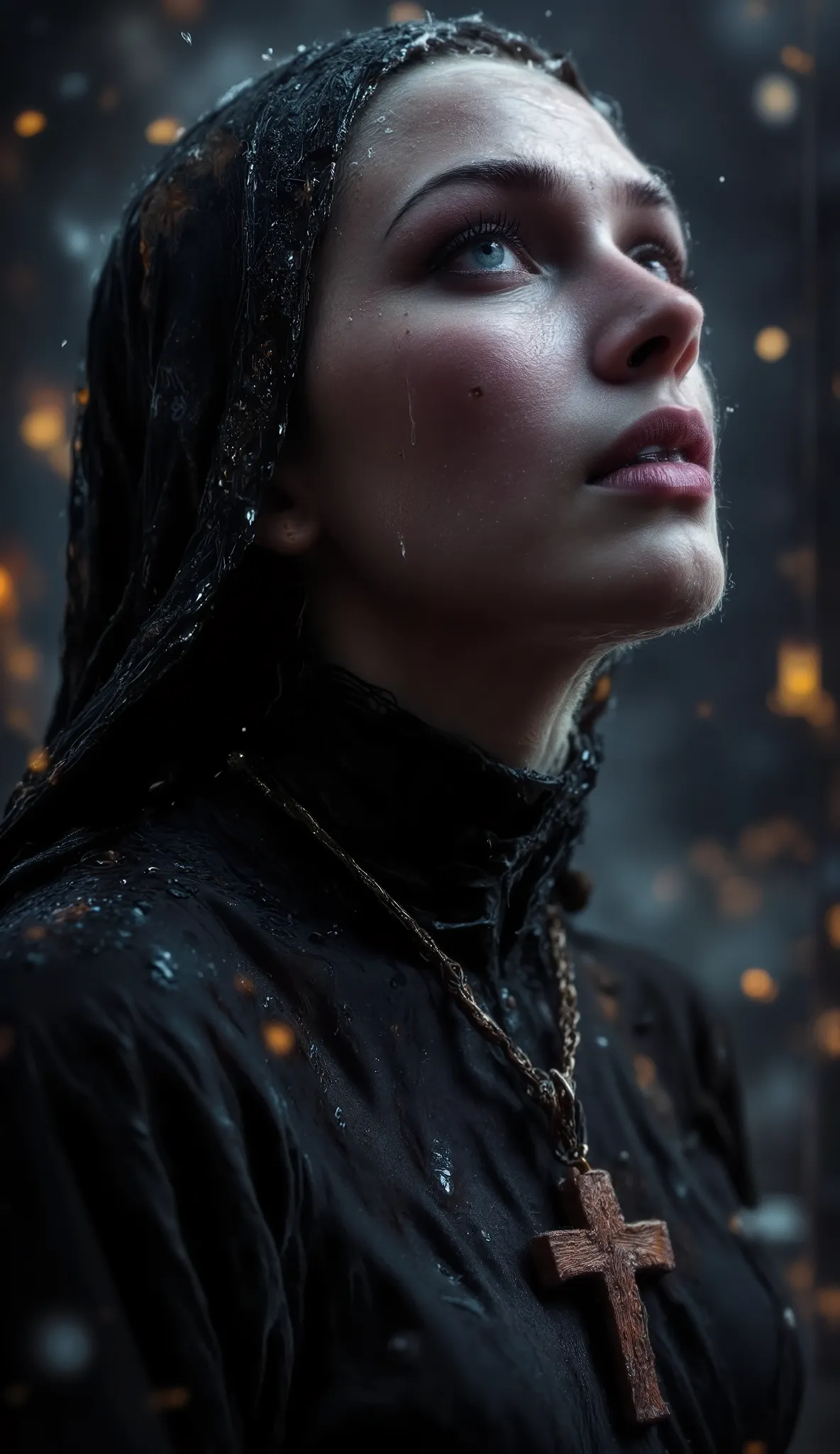 Epic realistic portrait, low coloured photography, 25 years old scantily clad sexy sad and crying innocent nun looking up from the right side into heaven. Nun with Jesus on the wooden cross necklace on the chest, tears on face, warmth of exhalation from no...