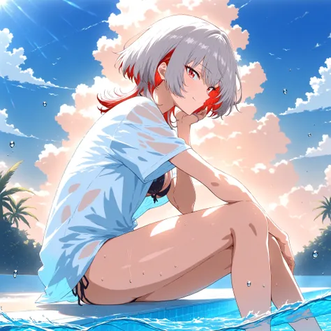 anime style, masterpiece, best quality, 4K, solo, female with wolf cut gray hair, red highlights and red inner color, red eyes, stylish and slender body, side profile, cool smile, wearing a black bikini with a white shirt over it, shirt is wet and slightly...