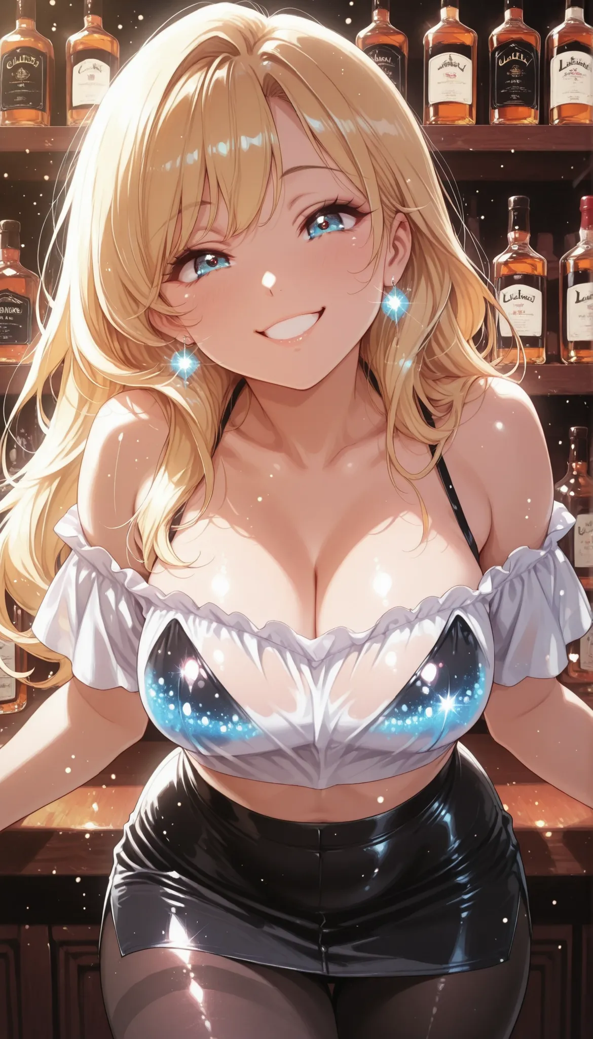 is so lovelyな女子校生, 1 woman, beauty, (blonde long hair, white off-shoulder, See-through Tops, cropped tops, black mini skirt, black pantyhose), dark store interior, Liquor shop, Lively, laugh, nasty smile, close-up, Bottles of sake lined up on a shelf, G...