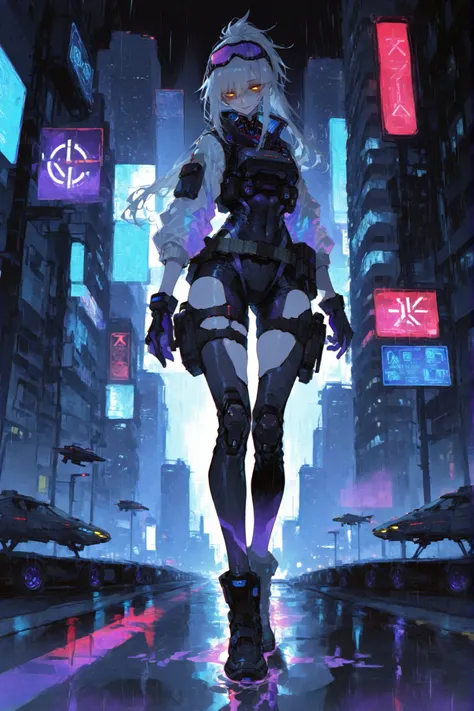 masterpiece, ultra-detailed, high quality, 8K, full body, dynamic pose, night lighting, cinematic atmosphere, backlight glow,
tall and sexy female agent, height 173 cm, golden eyes, confident and bold expression, D-cup bust, curvy body,
silver hair ,
ha...
