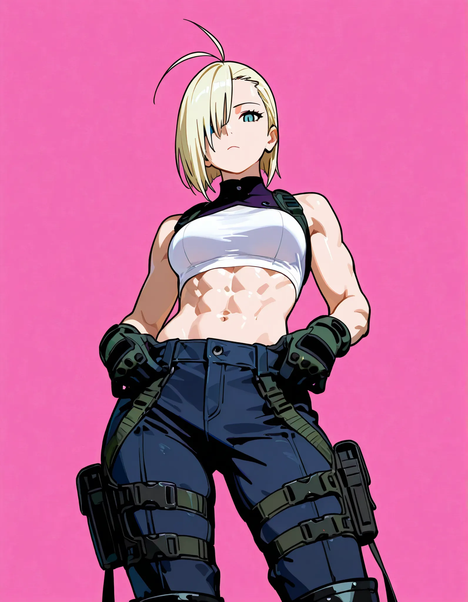 close-up of the face. Beautiful woman in her thirties, blonde hair, long thin face, blue eyes, narrow gaze, short hair, hair slicked back, emo bangs that fall over one eye (antenna bangs) (Yamanaka Ino bangs), tall and athletic woman, tight white top, blac...
