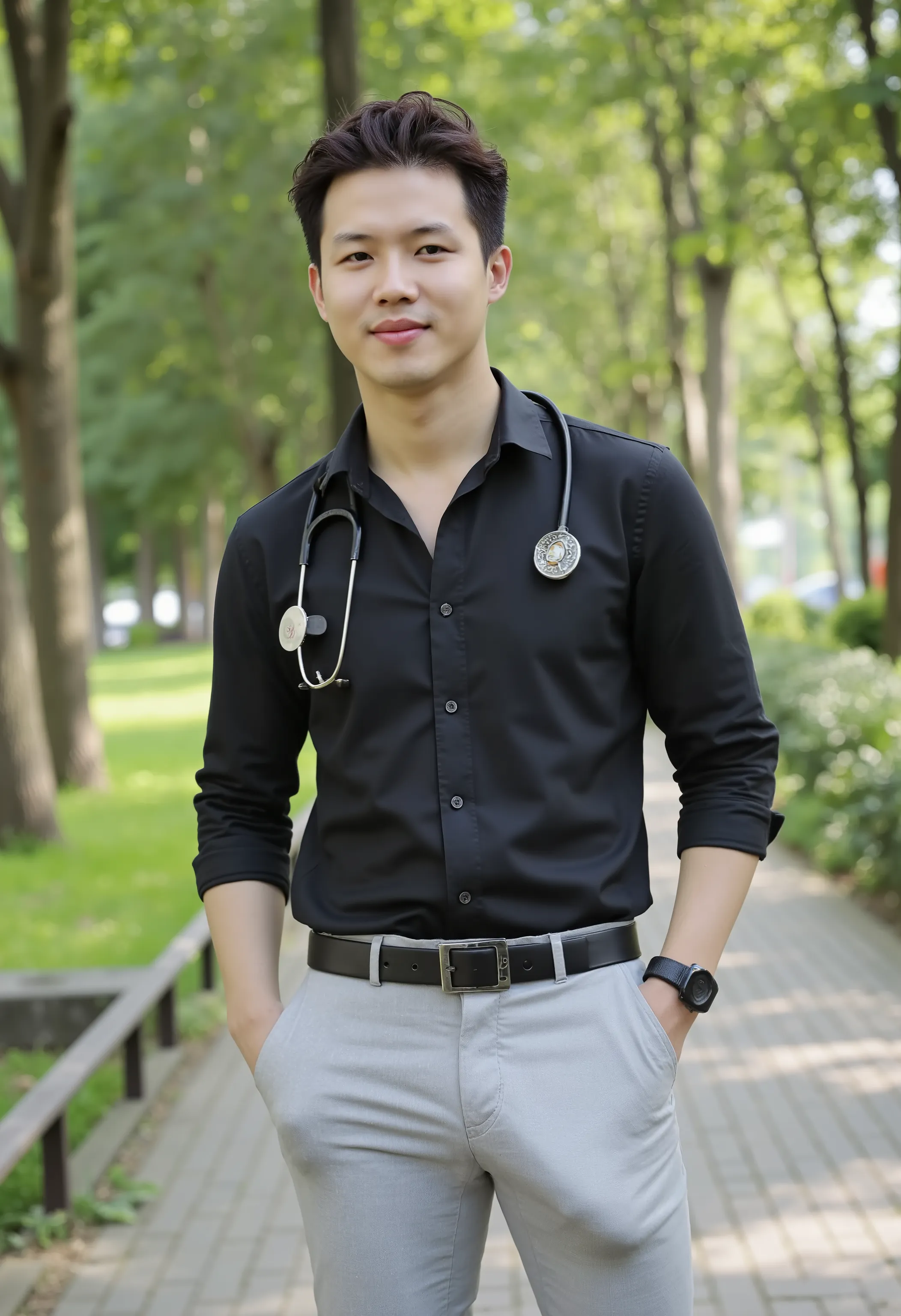 A young Thai or Asian man with a handsome doctor's face, wearing thick and long (Show full look)Wear a neat office outfit, a black tie-dye long-sleeved shirt, light gray slacks in polyester fitted fabric, a black belt, a square steel buckle, showing a cyli...