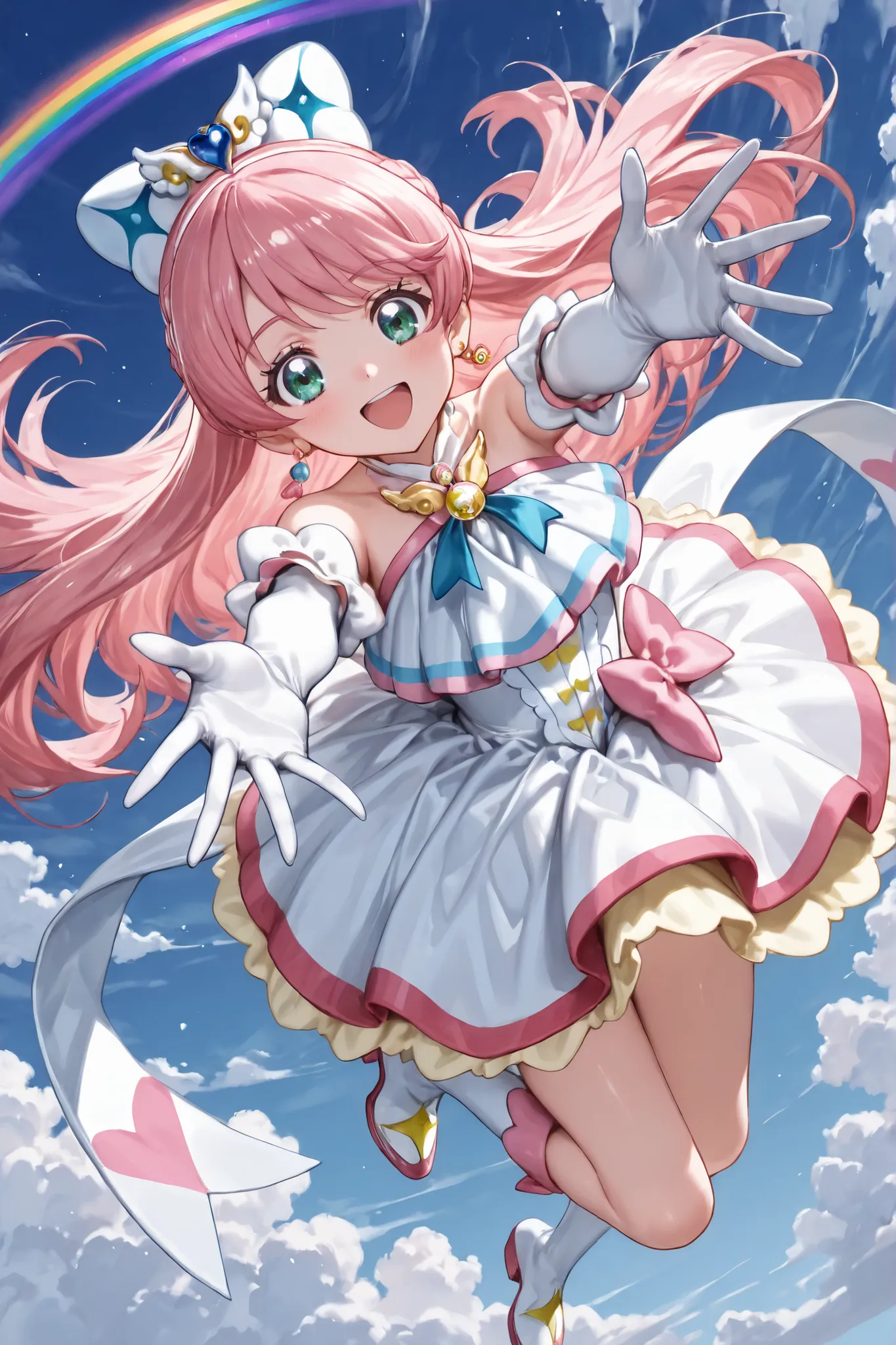 ((Masterpiece)),((best quality)),((incredibly absurdres)),((8K)),(semi realistic),
1girl,cureprism,soaring sky! pretty cure,pink hair,green eyes,gloves,white gloves,magical girl,jewelry,hair ornament,earrings,dress,bare shoulders,blue bow,
smile,open mout...