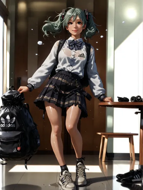 (masterpiece、最high quality、最high quality、Official Art、beautiful beautiful:1.2)、(1 girl on break day:1.3)Hatsune Miku、beautiful胸、light green twin tail、very detailed, high quality, masterpiece, beautiful, Motion Trail, MotionTrail, solo, full body,(table top...