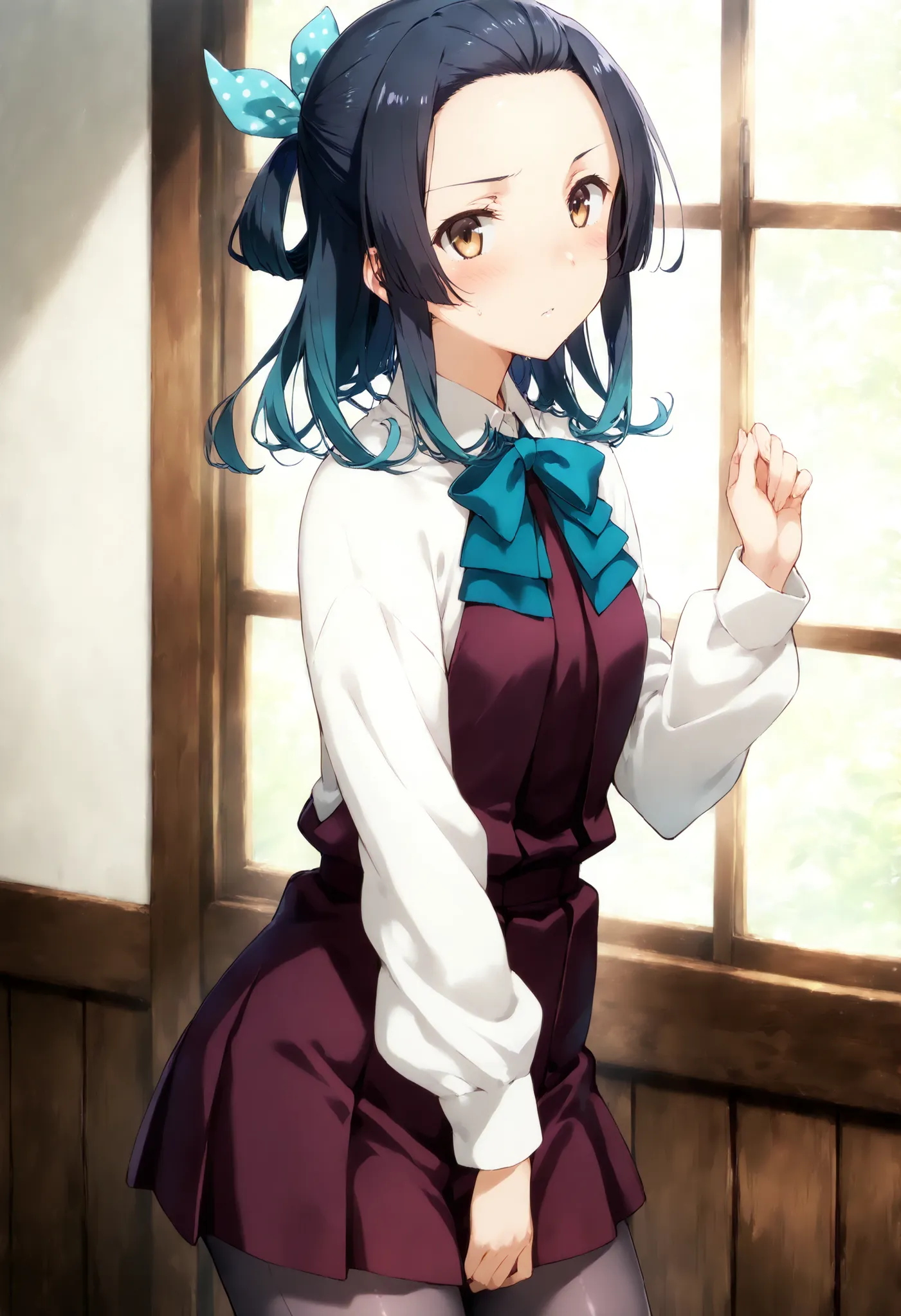 Suzunami (KANCOLLE), 一人の女の子, 一人で,
suzunamiKC, brown eyes,1girl, solo, shirt, long sleeves, dress, bow, ribbon, school uniform, hair ribbon, pantyhose, bowtie, medium hair, halterneck, purple dress, forehead, pleated dress, polka dot ribbon, カウボーイショット,