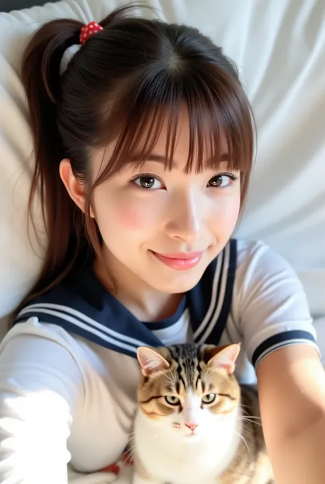 Create a photo collection featuring a beautiful Japanese idol girl with fair skin. She has long straight hair styled in a ponytail with bangs. Dressed in a sailor uniform, she is lying on white sheets with a pillow, holding a cat while taking a selfie with...