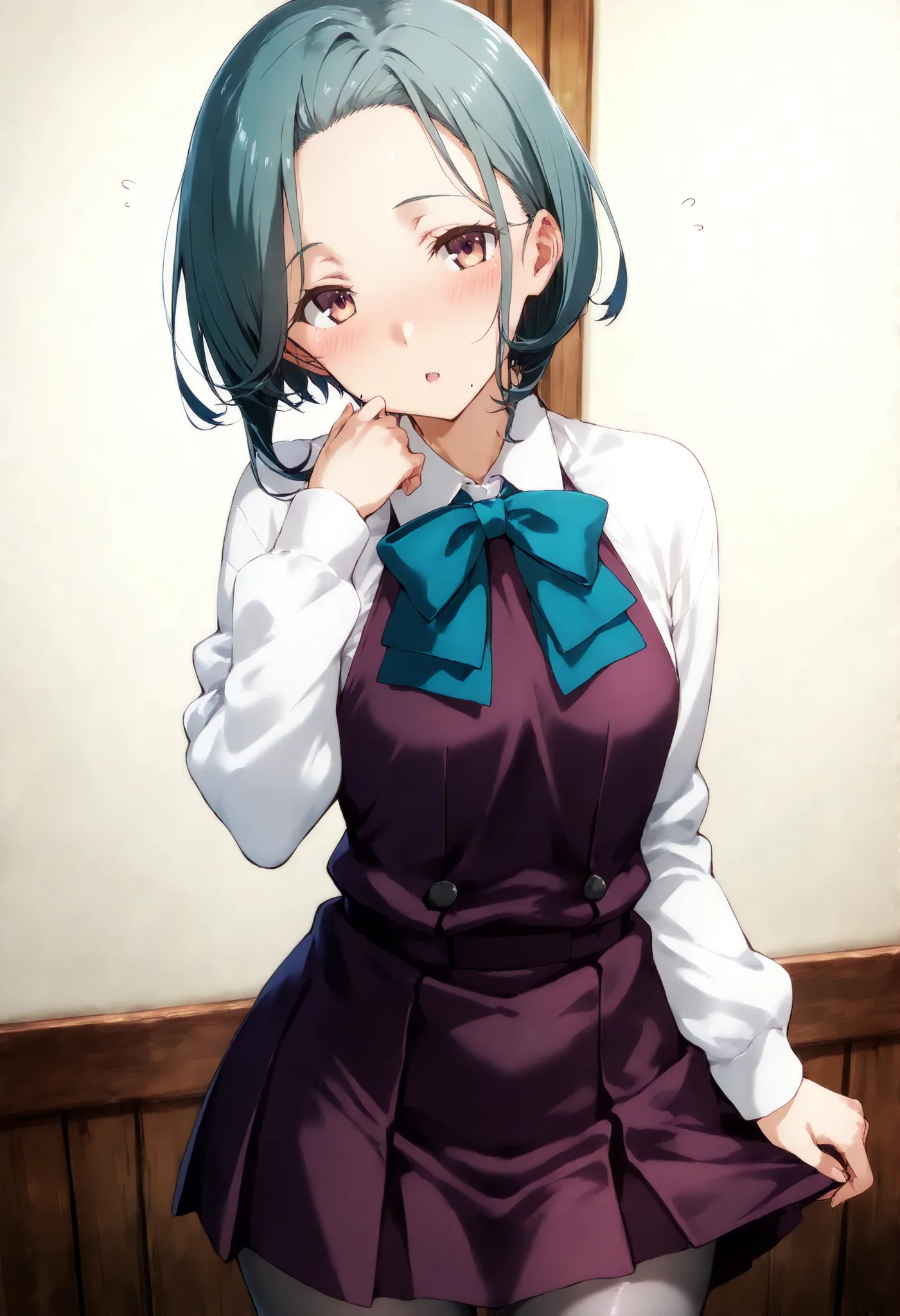 Tamanami (KANCOLLE),, 一人の女の子, 一人で, 灰色の髪,
tamanamiKC, short hair, shirt, long sleeves, dress, bow, school uniform,pantyhose, bowtie, purple dress, forehead,pleated dress, grey pantyhose, mole on neck, 灰色の髪, カウボーイショット,