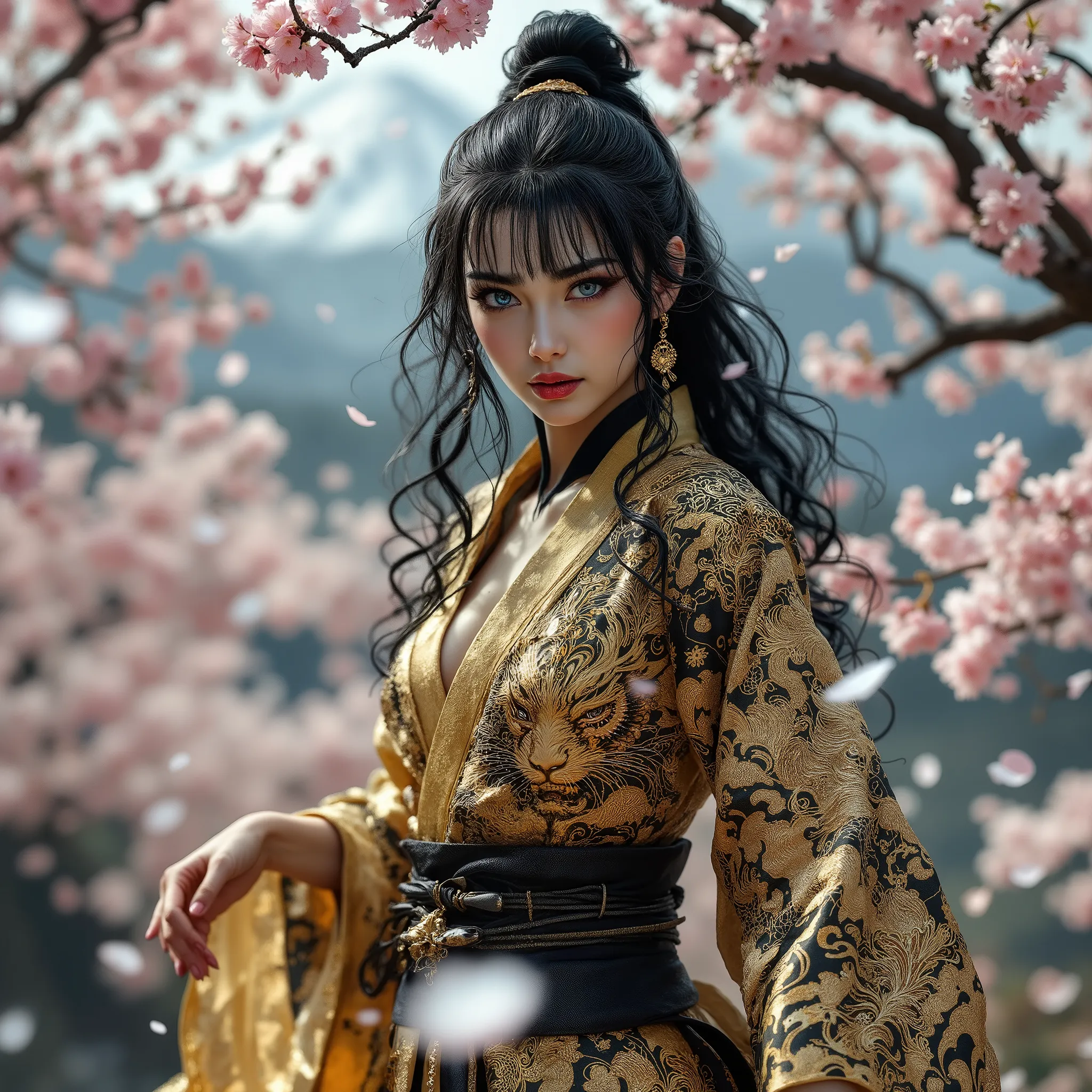 an extremely realistic Japanese kunoichi, beautifully and physically fit, with curly jet-black hair and bangs cover her eyes and radiant dark blue crystal eyes, her outfit is an intricate design of tigers and dragons woven in golden thread, the background ...
