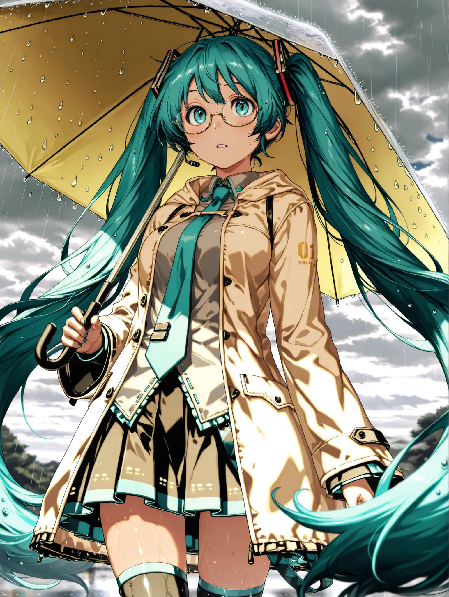 (masterpiece、Highest Quality、Highest Quality、Official Art、beautiful and beautiful:1.2)、(1 girl on break day:1.3)Hatsune Miku、beautiful breasts、light green twin tail、photorealistic cinematic scene, with glasses standing in the rain, Woman with an umbrella o...