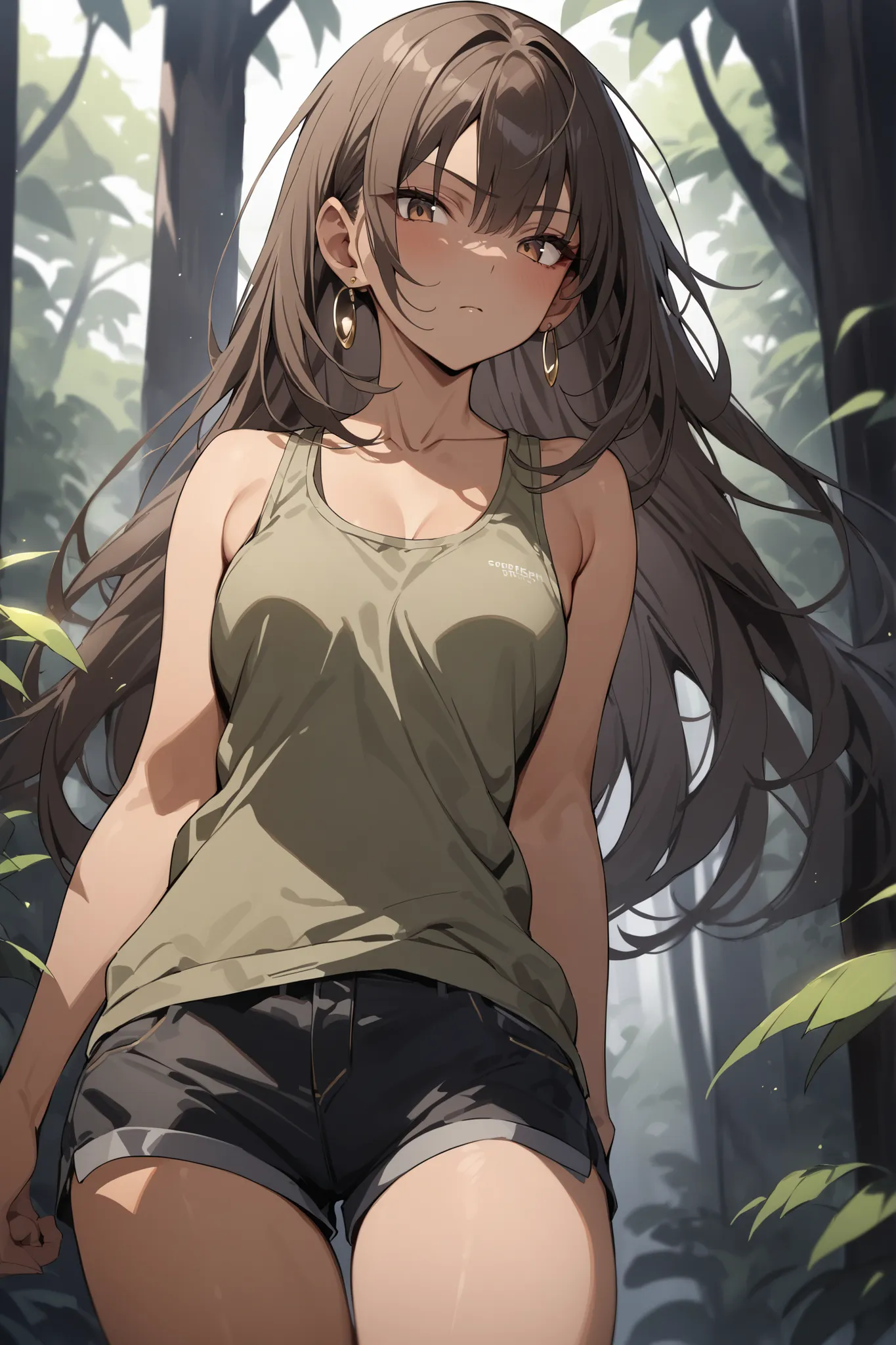 ((masterpiece,Highest Quality:1.2)),(soro),Slender, slender high school student standing in the jungle staring at you, healthy tan skin ,brown long hair,Perfect brown eyes, tree eyes ,serious expressionless,high quality khaki tank top,HIGH QUALITY BLACK DE...