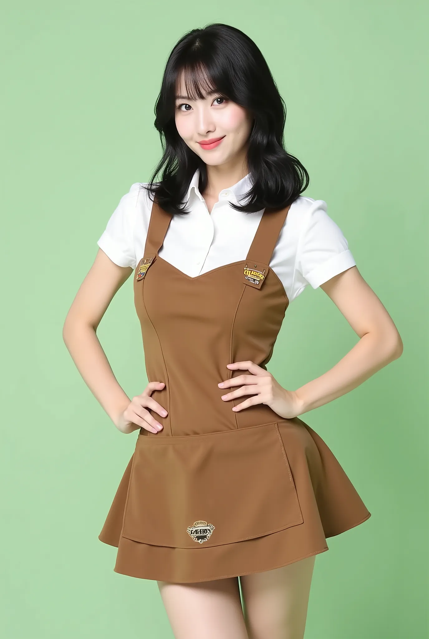 Create a portrait of a very beautiful Japanese singer with a slender figure, medium bust, and slim legs. She has medium-length hair and is dressed in a Western-themed saloon waitress outfit, featuring a skirt with a small apron design, without a hat. She s...