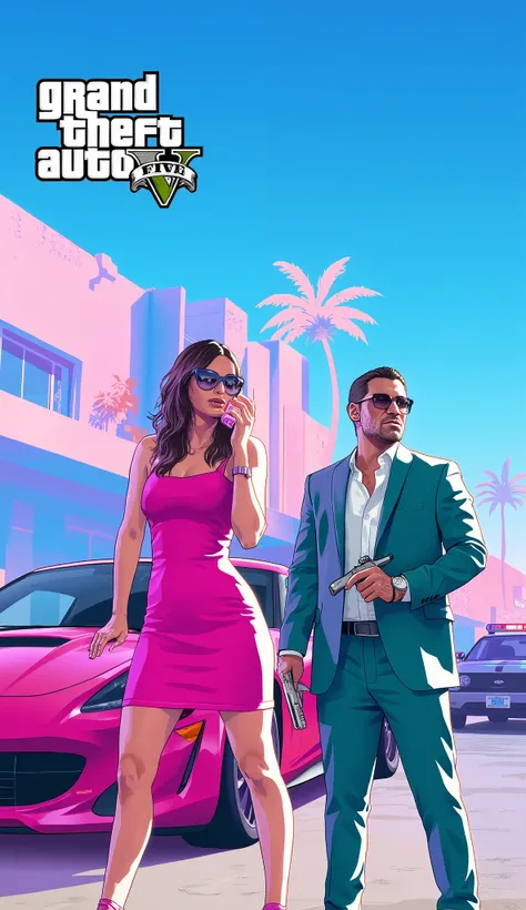 "A vibrant digital illustration for Grand Theft Auto VI (GTA VI), set in a neon-soaked Vice City environment. In the foreground, a confident woman in a tight fuchsia dress and sunglasses talks on a pink smartphone beside a sleek pink sports car. Next to he...
