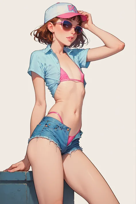 score_9, score_8_up, score_7_up,  1 girl , (flat chest:1.2),    cropped opened shirt  ,   Open fly denim shorts  ,     Navel , pink thong, sunglasses, baseball cap , short hair