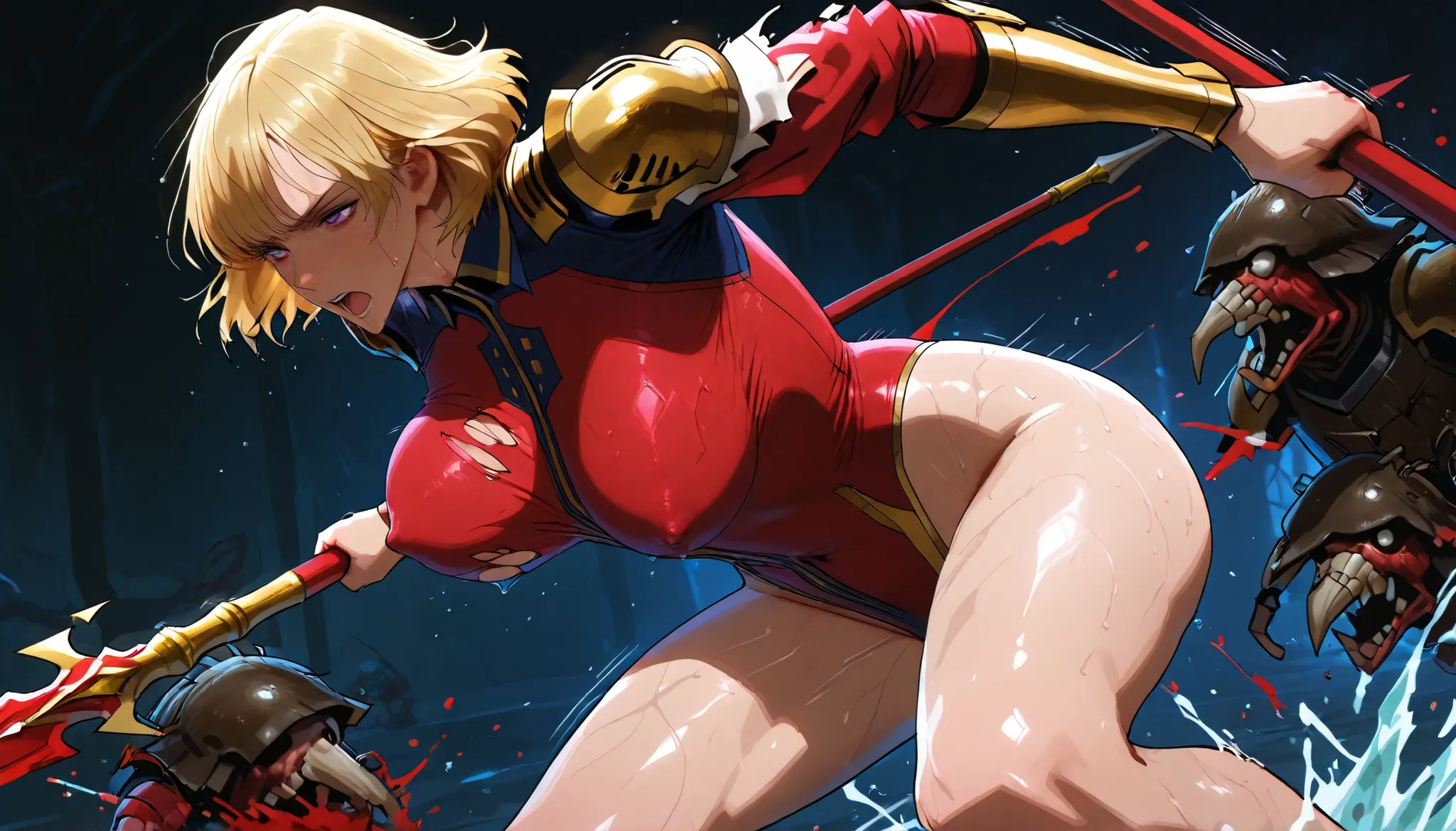 masterpiece, 8k, 1woman, blonde hair, open mouth, slender body, thin chests, bouncing breasts, large breasts, erect nipples, light iron amor, (gorgeous red highleg bodysuit:1.3), (exposed legs), bare legs, (torn bodysuit:1.3), (motion line), Dynamism, unre...