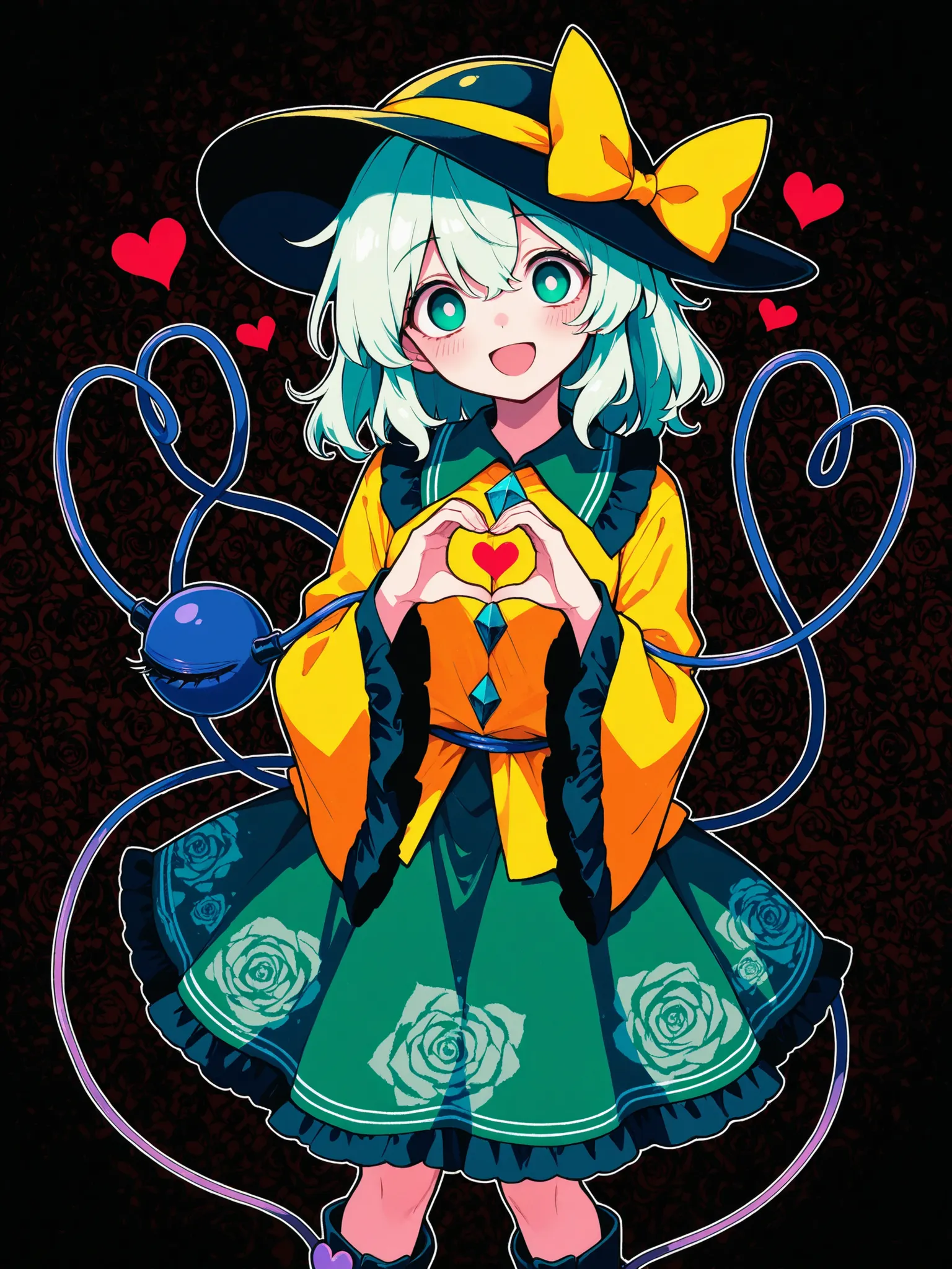 1girl ,komeiji koishi ,black hat ,blush ,boots ,bow ,buttons ,diamond button ,dithering ,eyeball ,floral print ,frilled shirt collar ,frilled sleeves ,frills ,light green hair ,green skirt ,hat ,hat bow ,hat ribbon ,heart ,heart of string ,long sleeves ,op...
