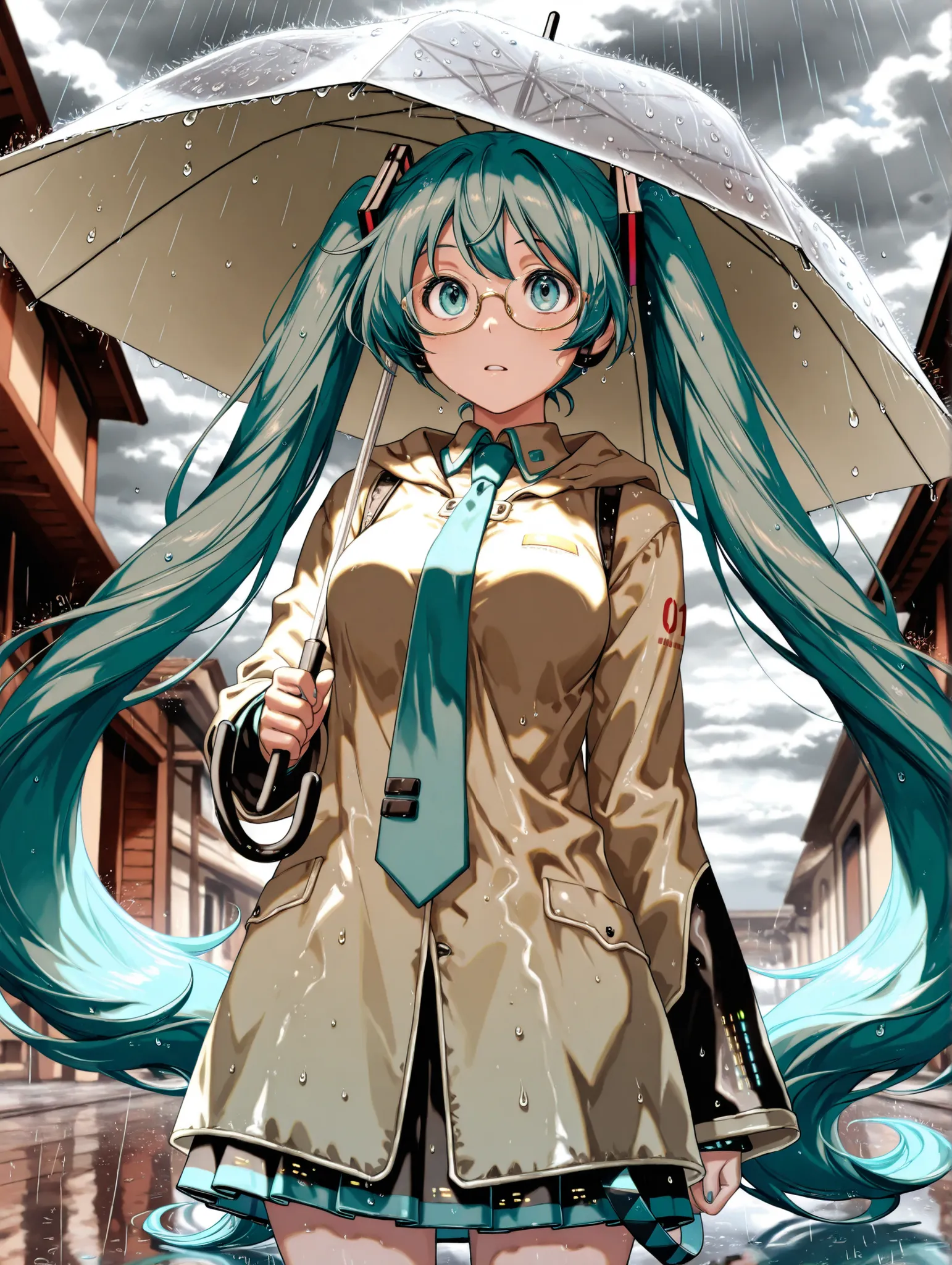 (masterpiece、Highest Quality、Highest Quality、Official Art、beautiful and beautiful:1.2)、(1 girl on break day:1.3)Hatsune Miku、beautiful breasts、light green twin tail、photorealistic cinematic scene, with glasses standing in the rain, Woman with an umbrella o...