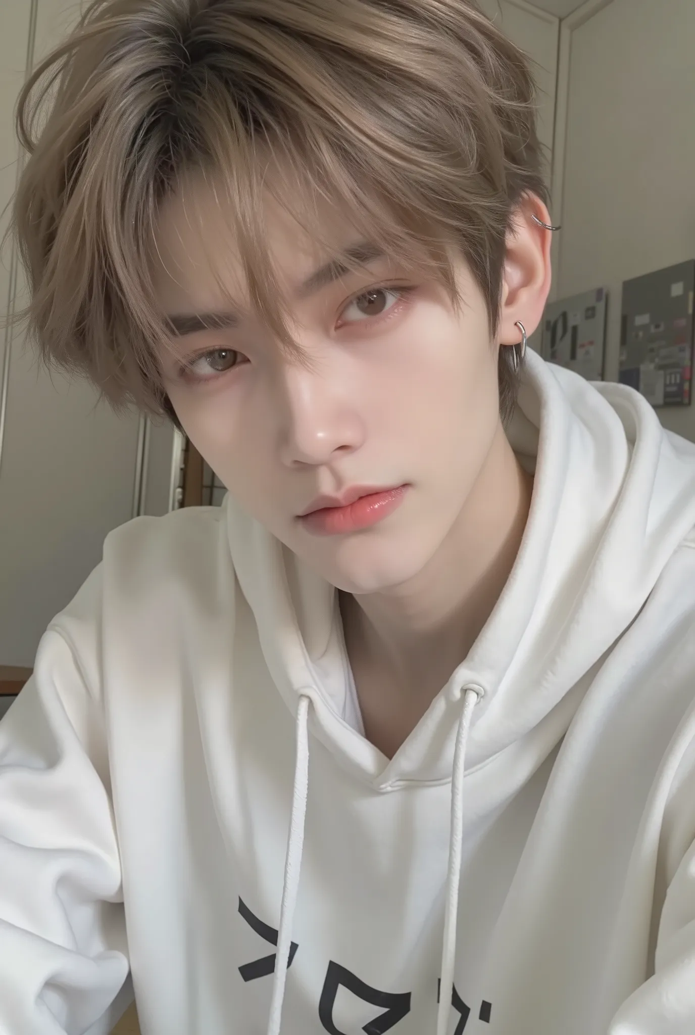 Anime Boy, Kpop Holiday 、selfie in front of a mirror、stylish and nice guy boy model、beautiful young man、cute expression、Bisexual、nice、light brown hair color、short hair、 Trimmed Hair 、Nice hair、small face、white skin、 Neutral Expression 、 cool guy、cute face、...