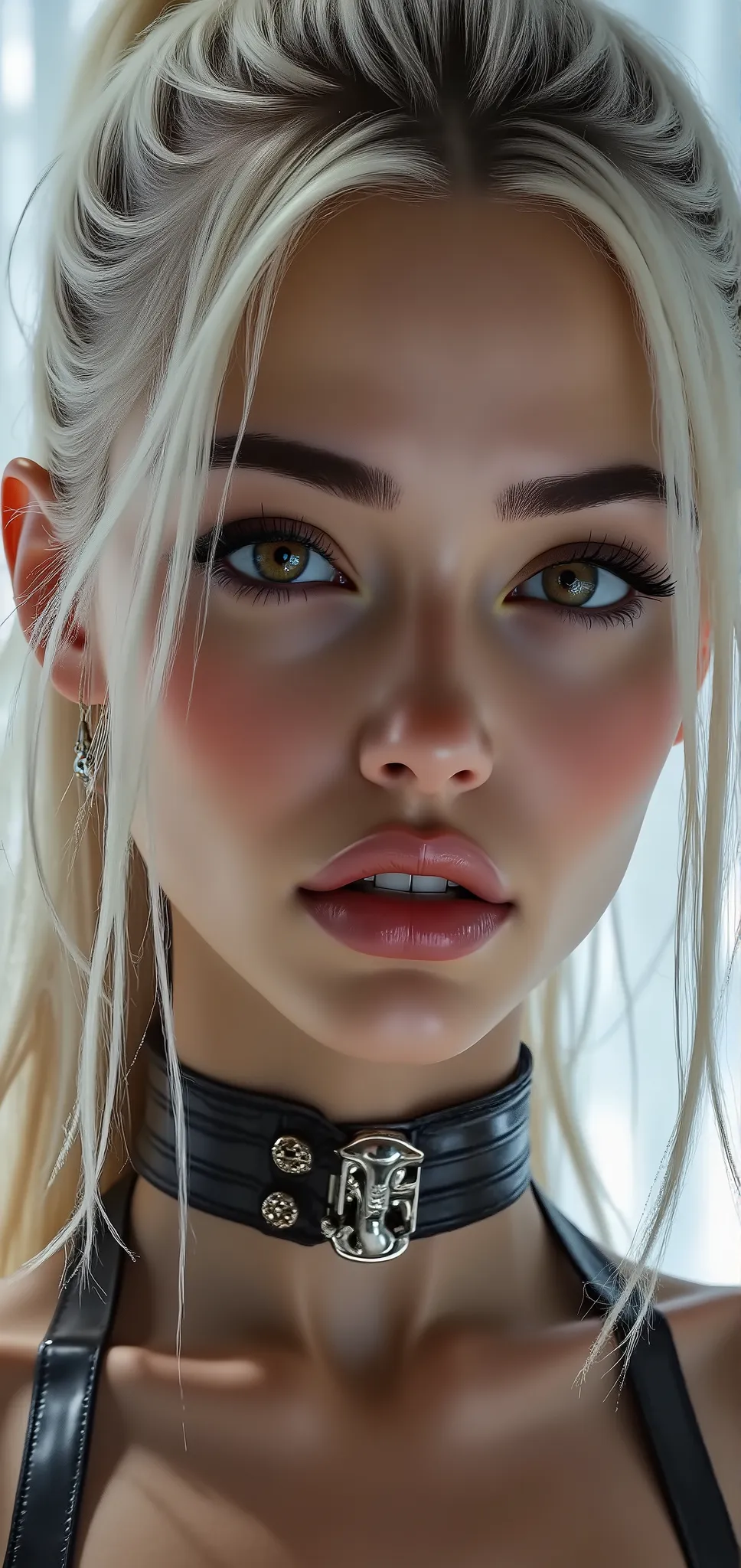  [Style: "masterpiece, realistic, (photo realistic Realism), ultra-detailed, Hyper high resolution"] (Key Directive: - ("The priority is the anatomical accuracy and texture of the materials" - "Ultra-sharp human eyes with biological accuracy") {Long side shot , Full-body shot from a moderate distance:1.5 , editorial head-to-toe shot , Full-figure photo, (ultra realistic texture details: velvety skin, hair), professional photography, (anatomically correct), (perfect female body:1.4), fashion model, elegant and charming, blushing, realistic details and sharp facial features and expressions, [super detailed and shinning  hairs ((hairstyle, long curly ponytail|pink: 1.45) intricately detailed)]., (perfect natural breasts), portrait of A 1 Woman:1.4 22yo, (intricately detailed, clear and sharp perfect round realistic brown_eyes:1.33), (droopy eyes), symmetrical lips, light glossy red_lipstick, long eyelashes, (perfect composition), wearing Luxurious, shiny latex [pleated skirt | Luxury shiny skirt Latex:1.35] and details such as [lace|white:1.29], [(mesh stockings|black:1.4)] and [(garters|black)] silver belt|chain [small tight laced corset with gold cord: 1.4], ((Beautiful long legs:1.35)) , medium ass , ((Whitens skin slim face)), slim belly: 1.2 } The attention to detail, satisfaction smile, gorgeous appearance, electrifying appearance, (Dynamic pose: 1.2), ((sharp focus)) (oiled skin), ((background psychedelic fairy tale)), (Rendering engine: "Unreal Engine 5 path tracing, 16K texture maps"), The ultra-Highres,Unreal 5,Subsurface scattering,Maximum Sharpness and Sharpness,perfectly proportions,Octane rendering, white balance, The rule of thirds,