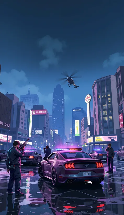 a highly detailed, 8k, hyperrealistic, photorealistic, cinematic, gta 6, open world, crime themed scene, dramatic lighting, gritty urban environment, detailed city skyline, neon signs, rainy night, armed characters, police cars, helicopters, action