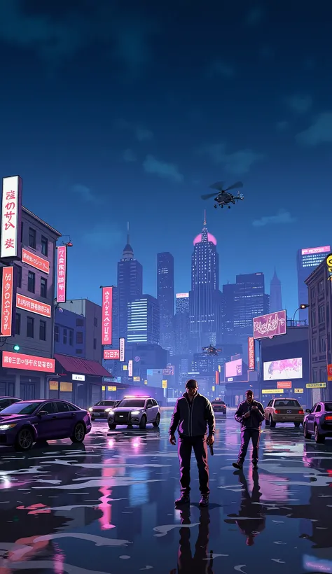 a highly detailed, 8k, hyperrealistic, photorealistic, cinematic, gta 6, open world, crime themed scene, dramatic lighting, gritty urban environment, detailed city skyline, neon signs, rainy night, armed characters, police cars, helicopters, action