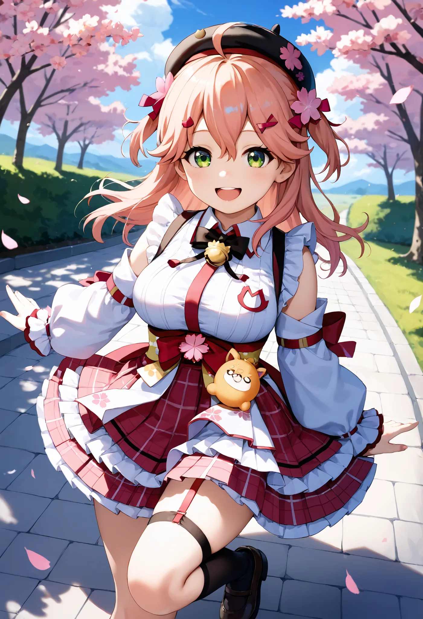  Masterpiece, Highest_ quality, expensive_resolution,  young_1teen_girl, (sakura miko),stupid hair,  black headwear,  Hair Ornament ,  white shirt,  black knee-highs,  pink hair, red_ skirt,  very_short_ skirt, plaid  skirts,  garter_ strap,   collared shi...