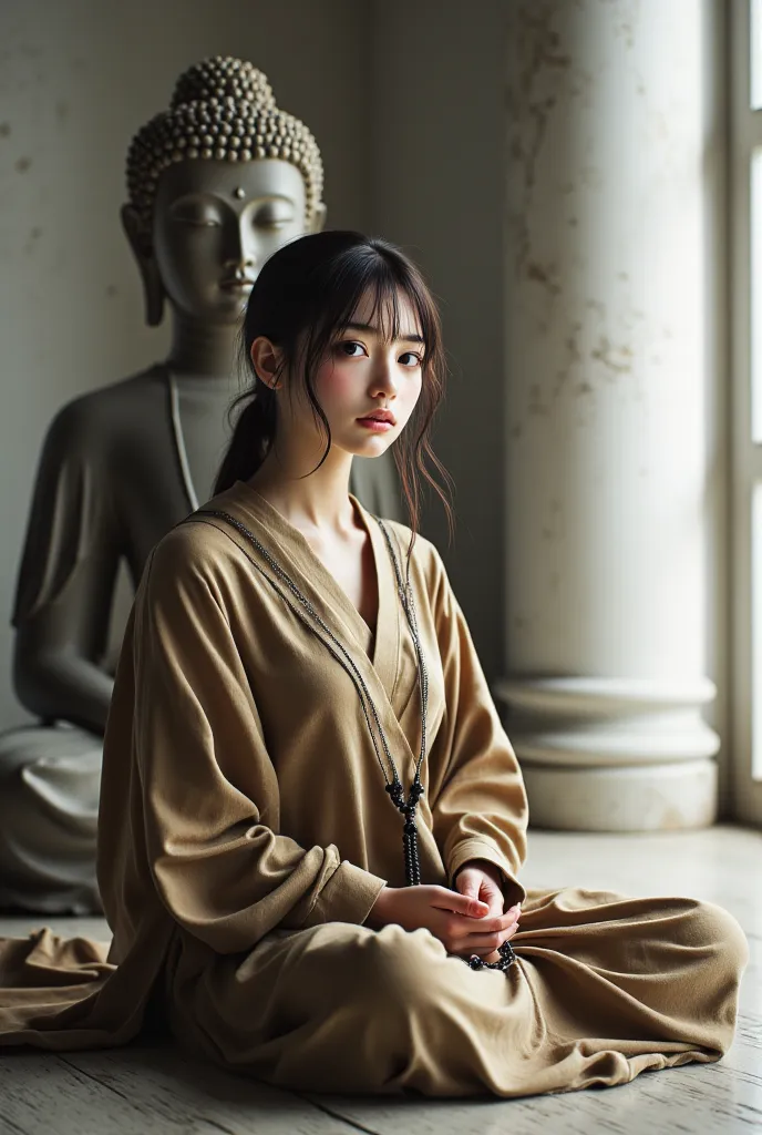 ((Highest Quality、masterpiece、high sensitivity、high definition、detailed depiction、depicting a delicate face、Ｆvalue：6.0),((Slender Woman、wearing glasses)),Monk、Robe、Holding a rosary、sitting in front of a Buddha、