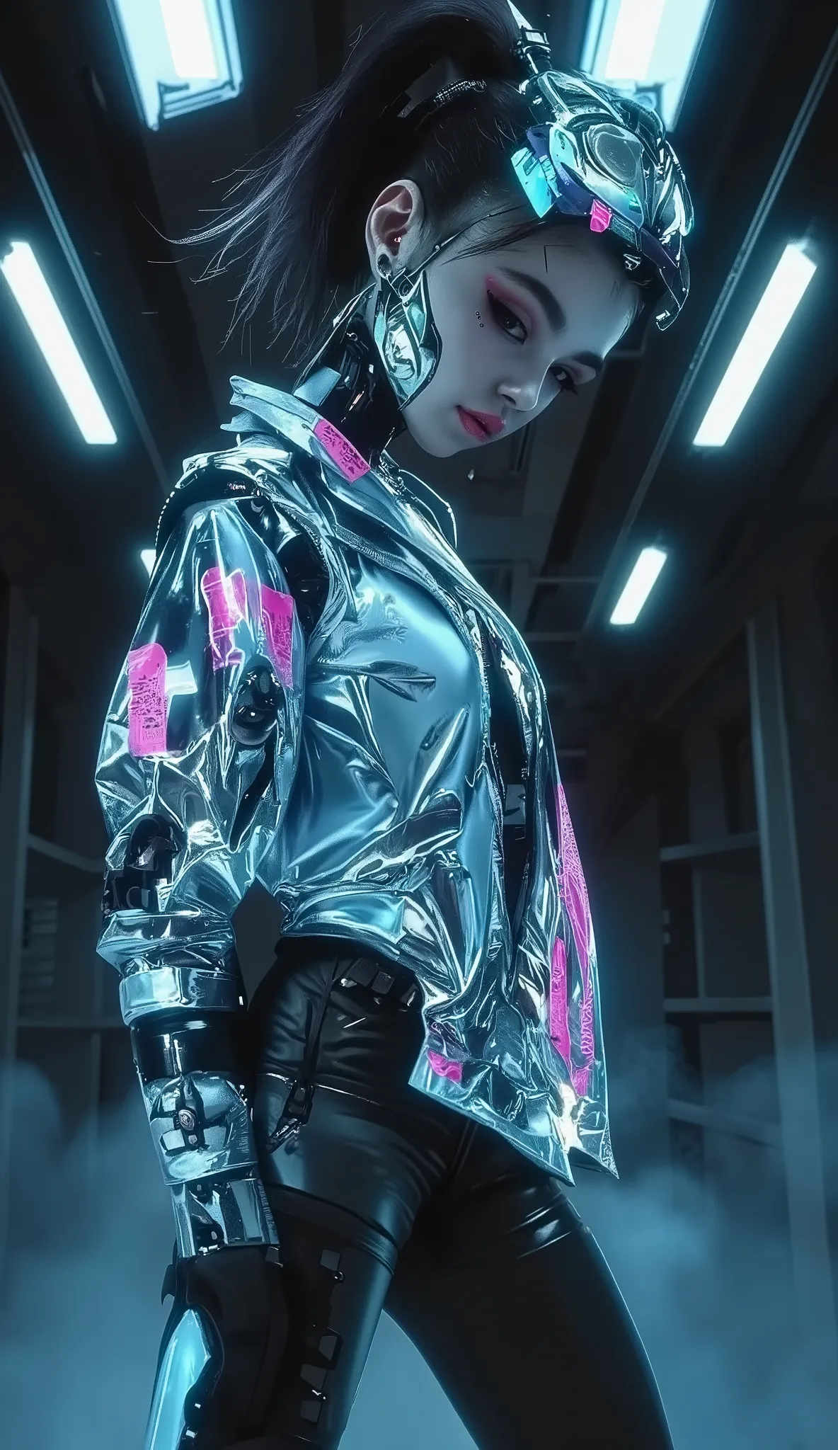 High Quality,4K,Extremely detailed,Realistic,as realistic as a photo,HDR, professional ,Vivid,The scene deepened Realistic female half-body portrait,A woman poses in a laser mesh hem pose,She wears tights made of tape reels and transparent vinyl,Belted buc...