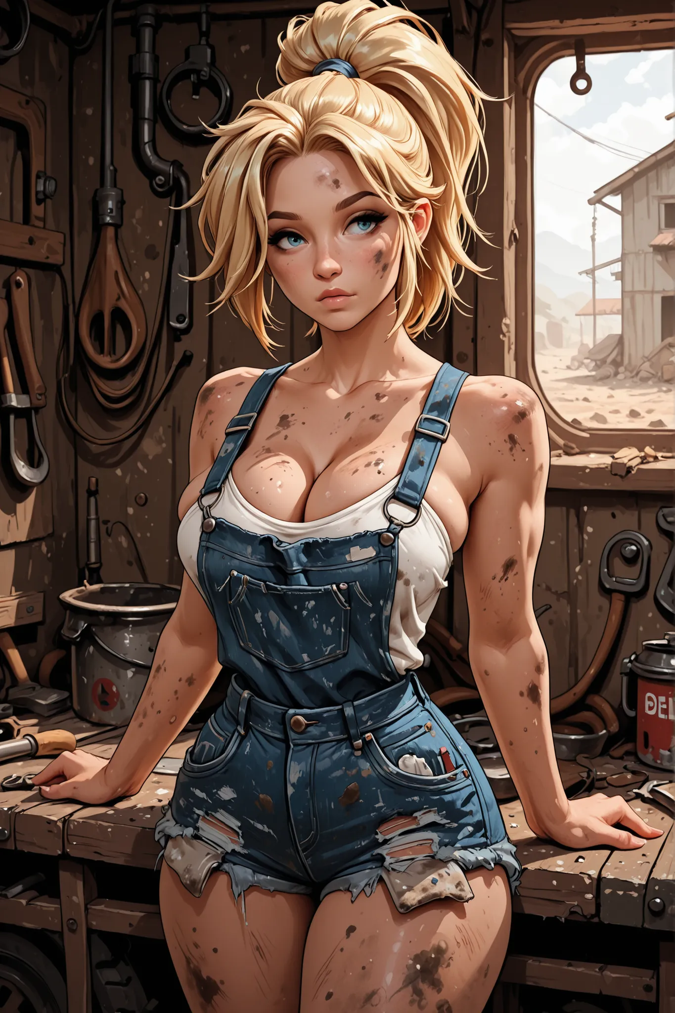 high-cut denim shorts, female mechanic, dirty, high ponytail, blonde, cleavage