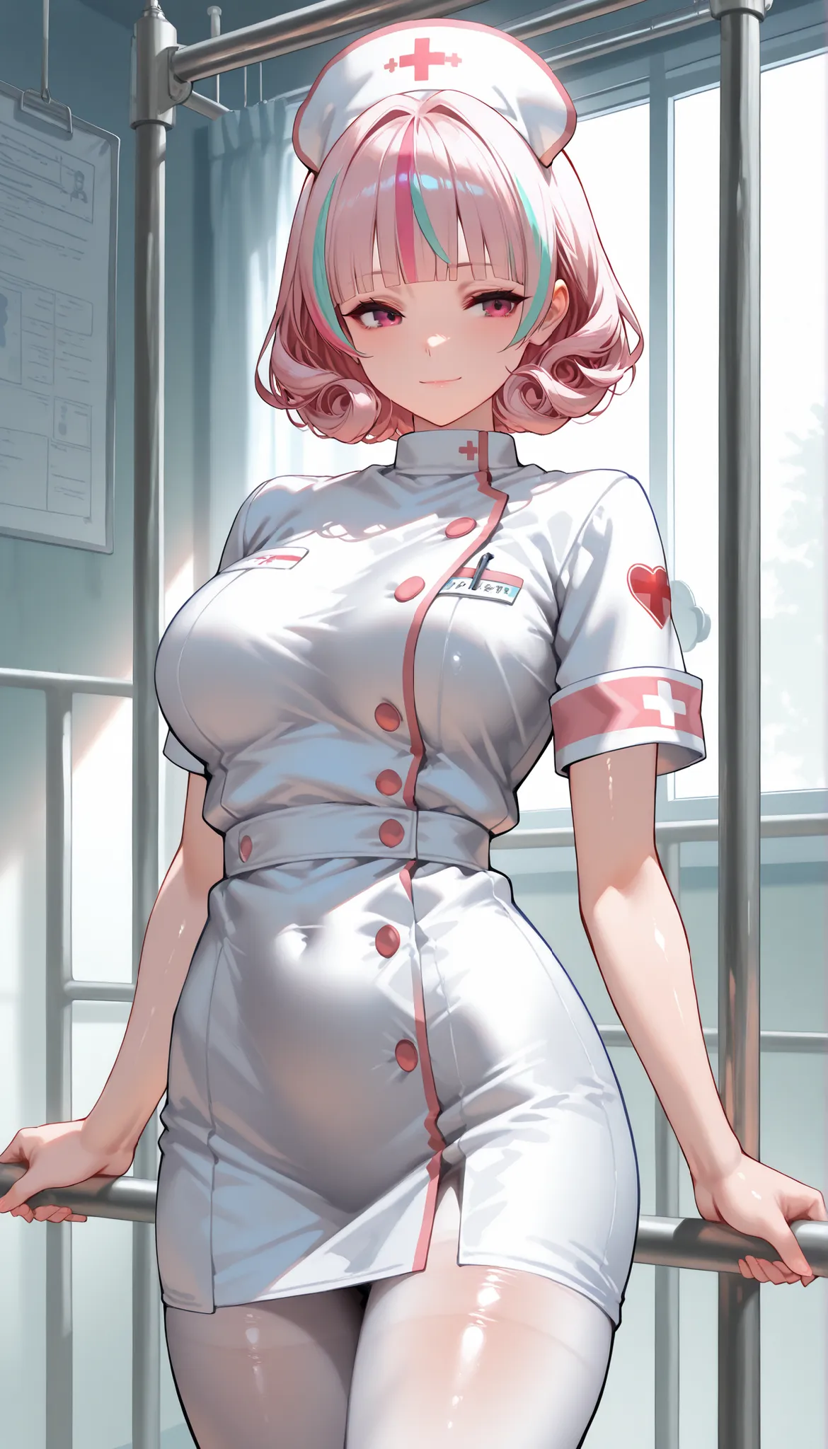 A female wearing A White Nurse Uniform,White Pantyhose,Shiny skin,(Pink short hair,curly hair,streaked hair, blunt bangs),White Nurse Headdress,Light smile,Slim body,In Prison Infirmary,Standing,Open pose,UHD, SOLO, anatomically correct, masterpiece, textu...