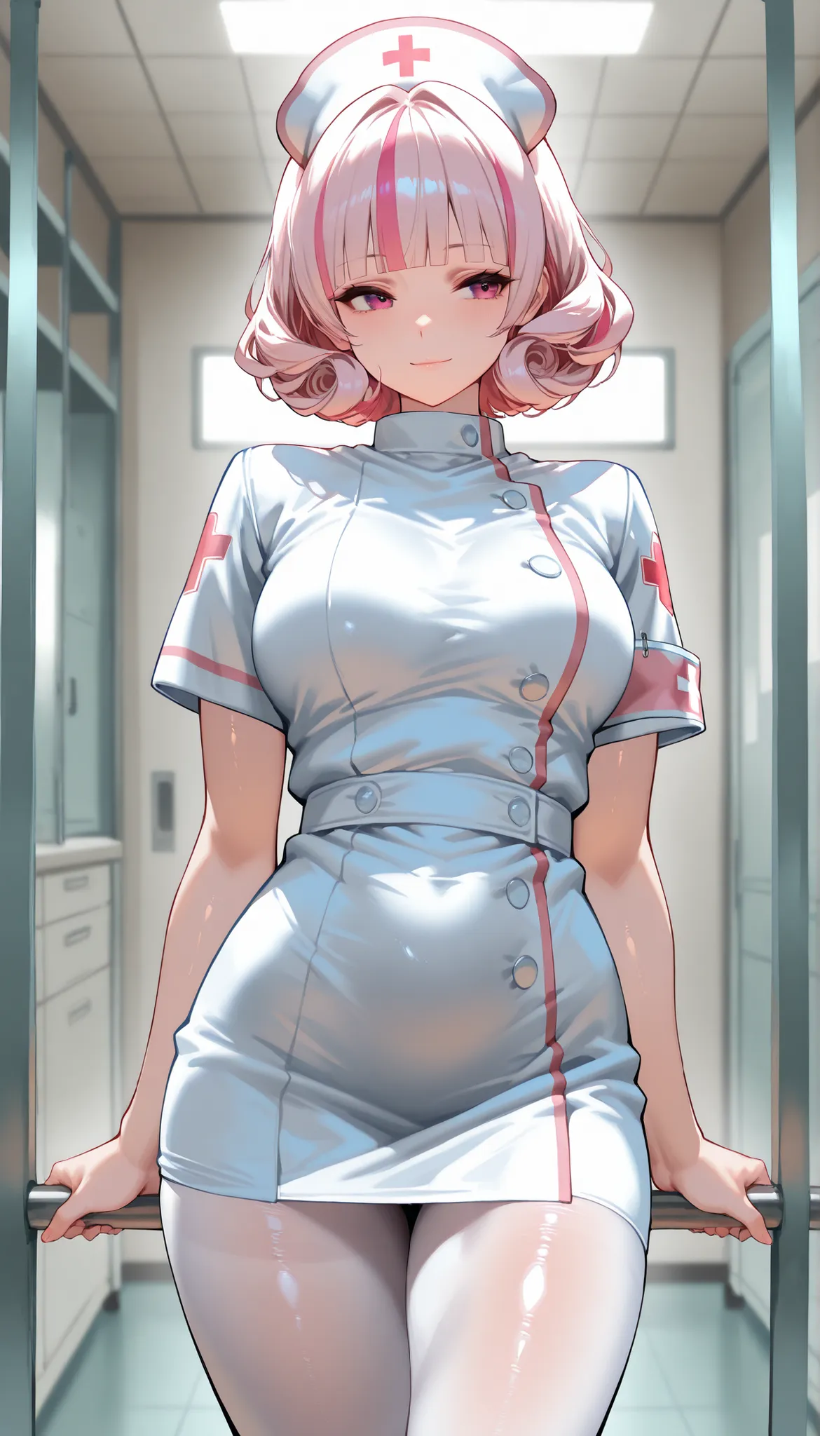 A female wearing A White Nurse Uniform,White Pantyhose,Shiny skin,(Pink short hair,curly hair,streaked hair, blunt bangs),White Nurse Headdress,Light smile,Slim body,In Prison Infirmary,Standing,Open pose,UHD, SOLO, anatomically correct, masterpiece, textu...
