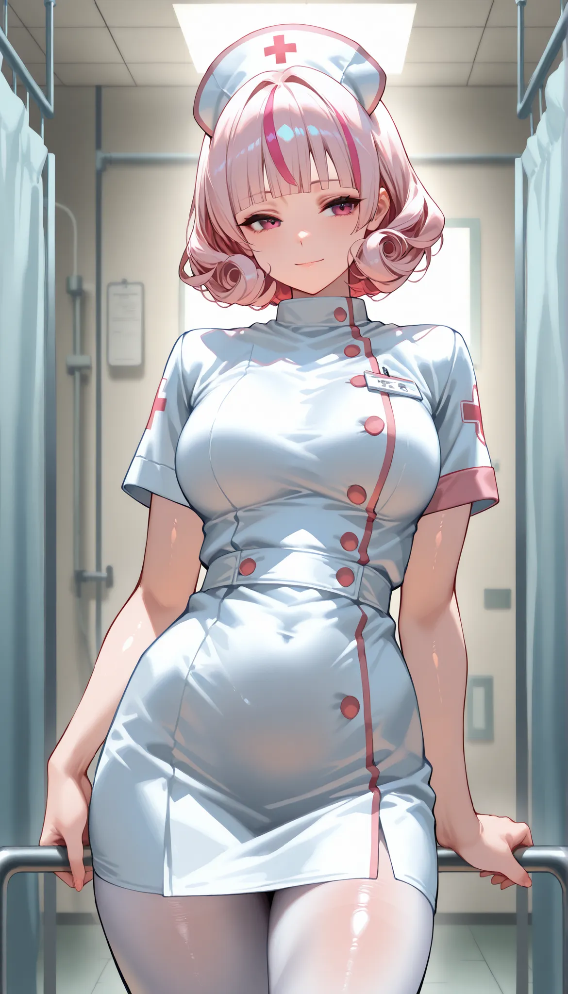 A female wearing A White Nurse Uniform,White Pantyhose,Shiny skin,(Pink short hair,curly hair,streaked hair, blunt bangs),White Nurse Headdress,Light smile,Slim body,In Prison Infirmary,Standing,Open pose,UHD, SOLO, anatomically correct, masterpiece, textu...