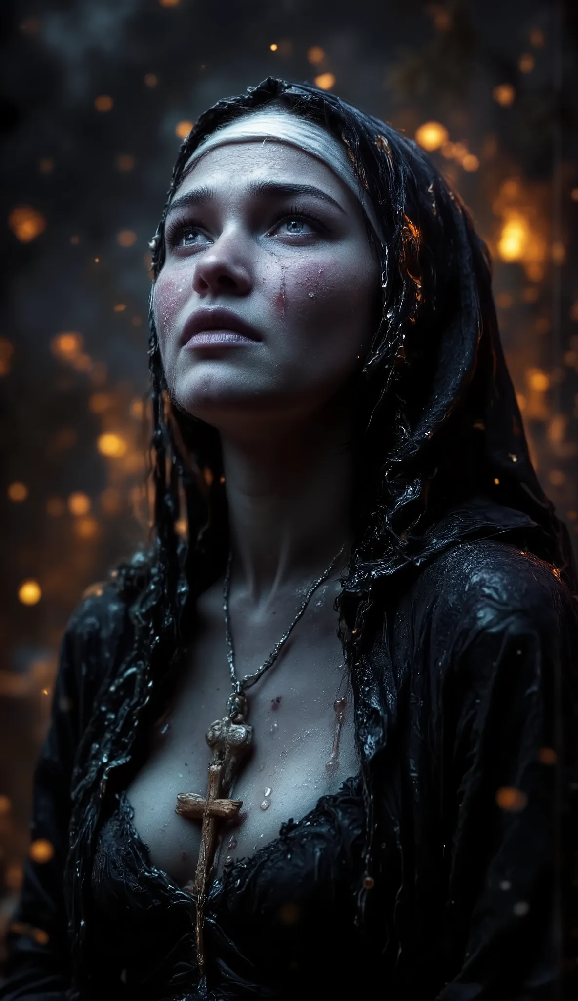 Epic realistic portrait, low coloured photography, 25 years old scantily clad sexy sad and crying innocent nun looking up from the right side into heaven. Nun with Jesus on the wooden cross necklace on the chest, tears on face, warmth of exhalation from no...