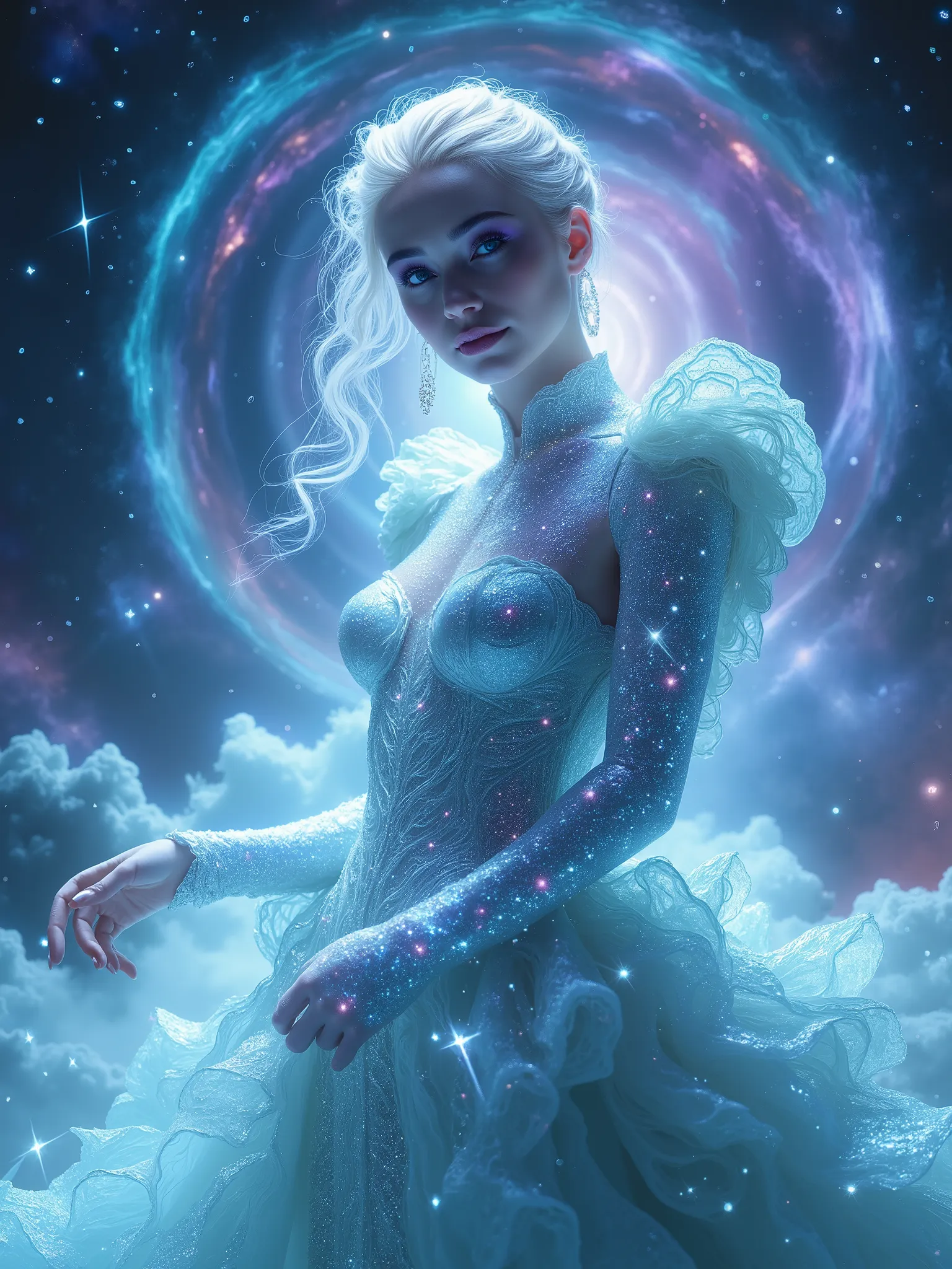 A luminous, celestial woman stands at the center of a starlit dimension, her body aglow with cosmic grace and regal sensuality. Her platinum hair is woven into a sculpted crown braid, glistening like strands of frozen light. She gazes directly at the viewe...