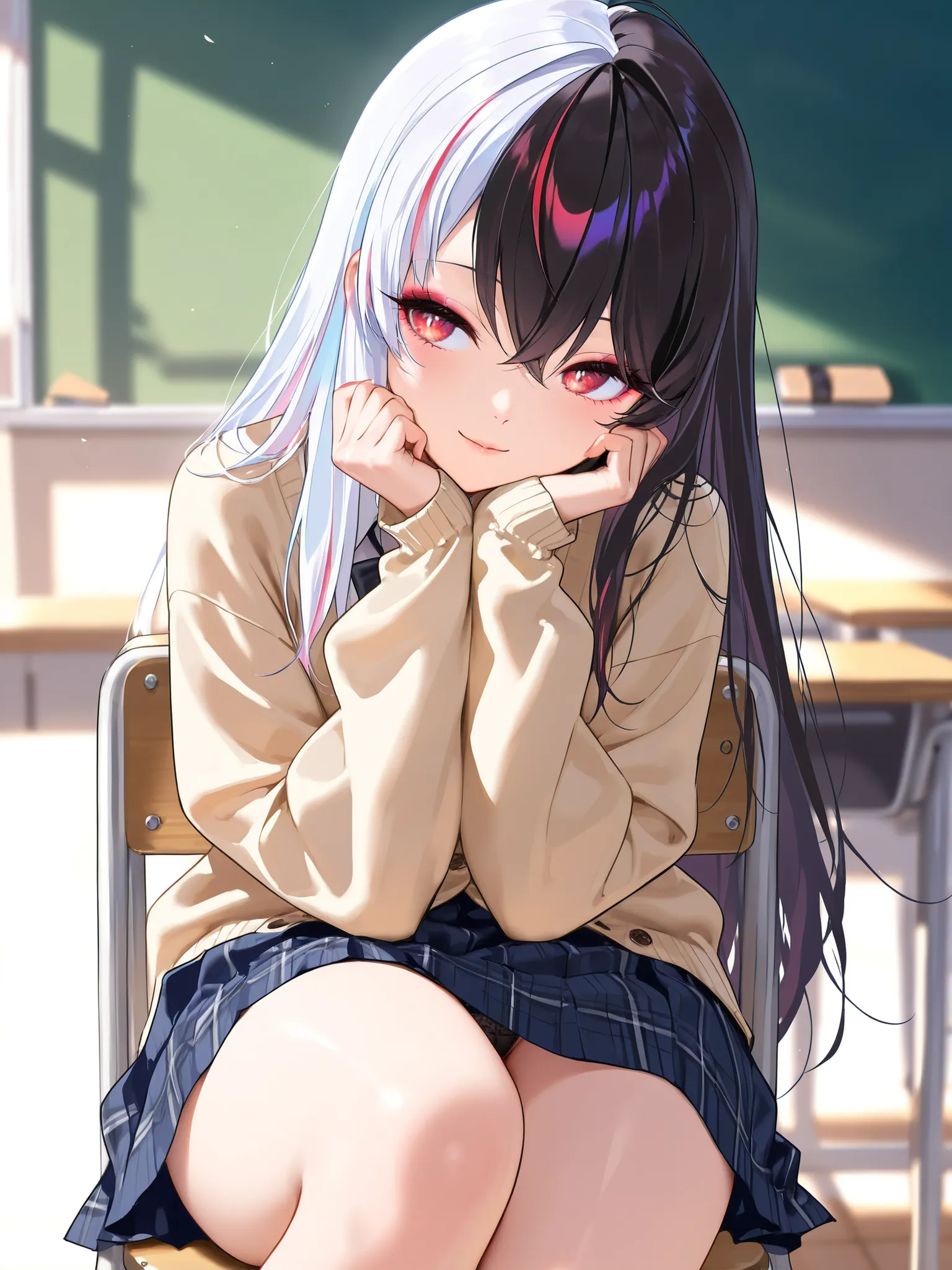 Admiring the night view(Nijisanji)、nsfw..(super details)、((masterpiece)),(Highest Quality)、(very aesthetic)、Half-colored hair white and black、Red Eyes、masterpiece portrait of a woman with 詳細 features, 8k resolution、vivid texture and color、length_ eyelash...