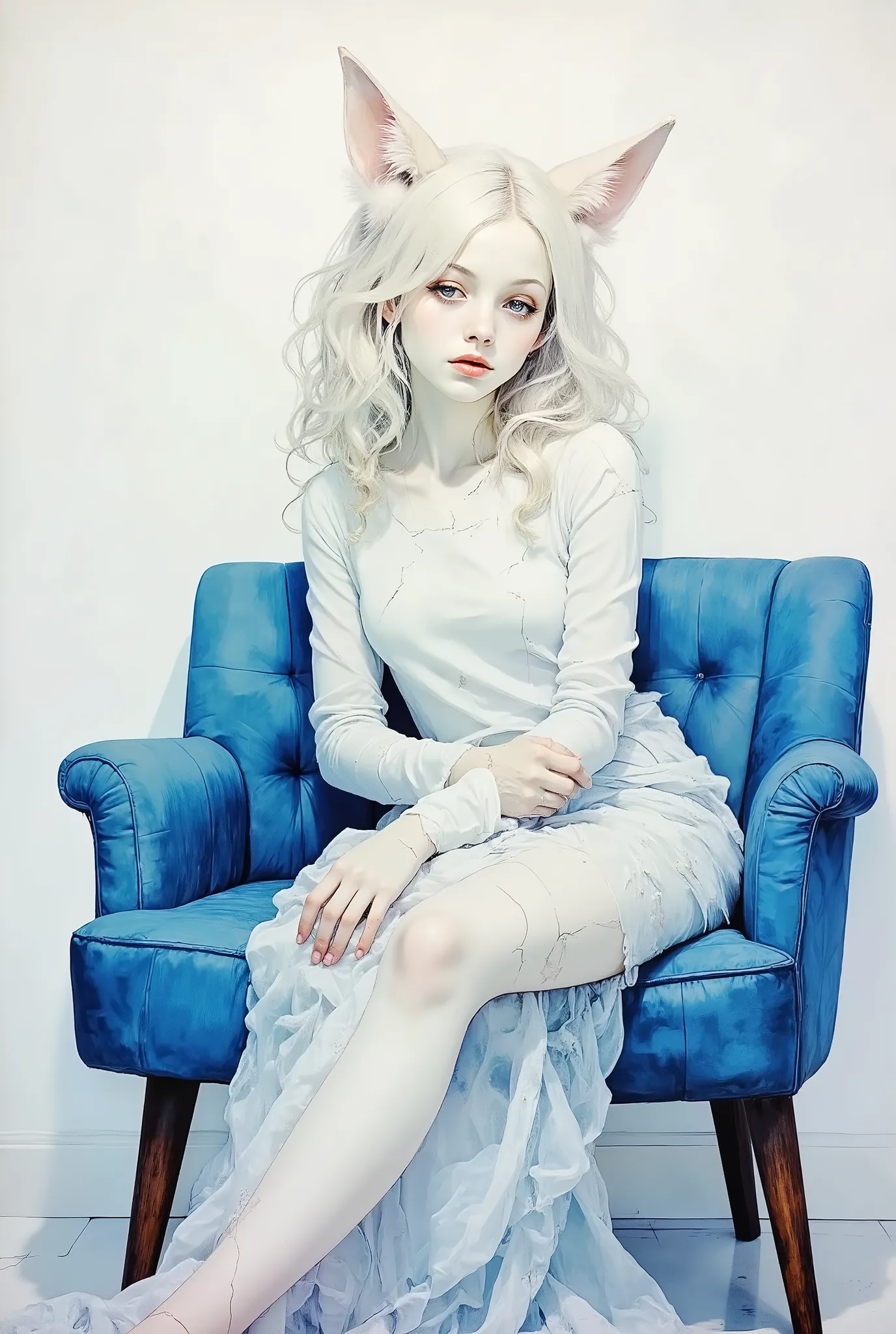 (My Pride Is Like Blue Glass That Was Shot by a Handgun and Cracked:1.6), 青い椅子に座っているかわいいGirl Drawingに, beautiful girl, Cracked and Perforated Glass、digital painting, elegant , Oil Enamel, 白い髪のGirl Drawingに , high quality digital painting, elegant digital...