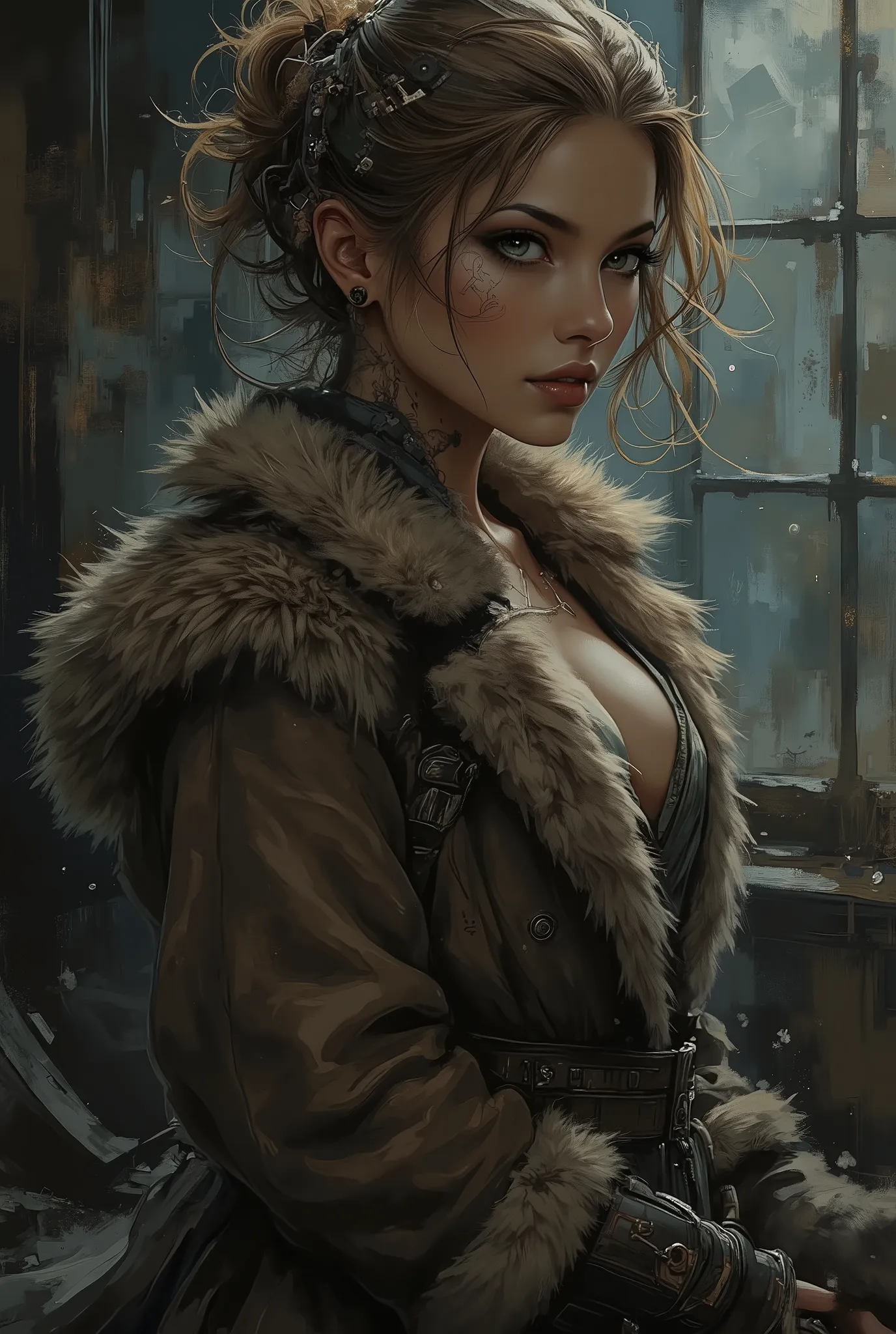 Comic sex art. Score_9, score_8_up, score_7_up, ((highest quality)), ((masterpiece)), (be familiar with), Perfect Face, (High definition), (Best Shadow), 8k, cinematic, (Realistic:1.4),dramatic. Luis Royo's style, side view of a completely nude woman posi...