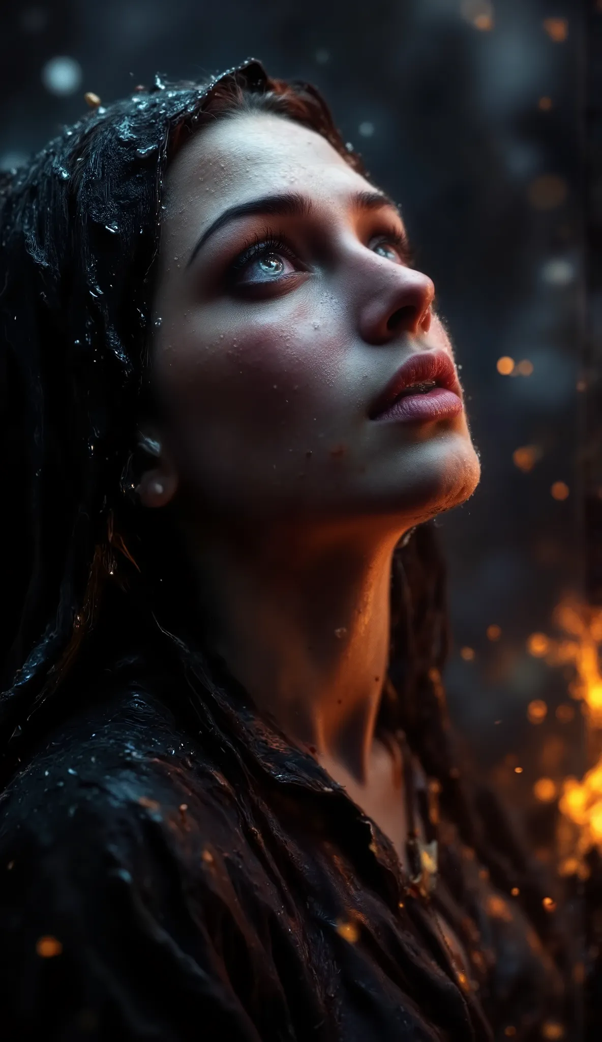 Epic realistic portrait, low coloured photography, 25 years old scantily clad sexy happily sad and crying innocent nun looking up from the right side into heaven. Nun with Jesus on the wooden cross necklace on the chest, tears on face, warmth of exhalation...