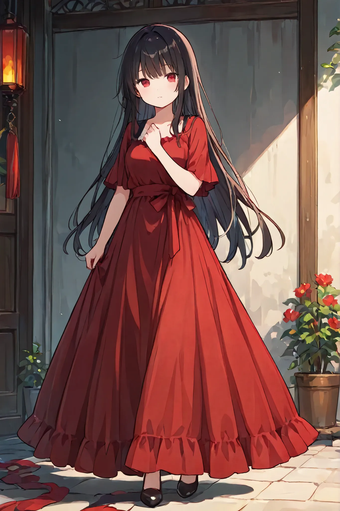 One female character with long dark hair wears a red long dress