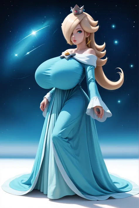(Princess Rosalina), ((gigantic breasts)), (2.5D), Rosalina has platinum blonde hair and is wearing her light blue gown. her hair covers her right eye. RslnDef, hair over one eye, crown, bare shoulders, off-shoulder dress, long sleeves, blue dress, long dr...