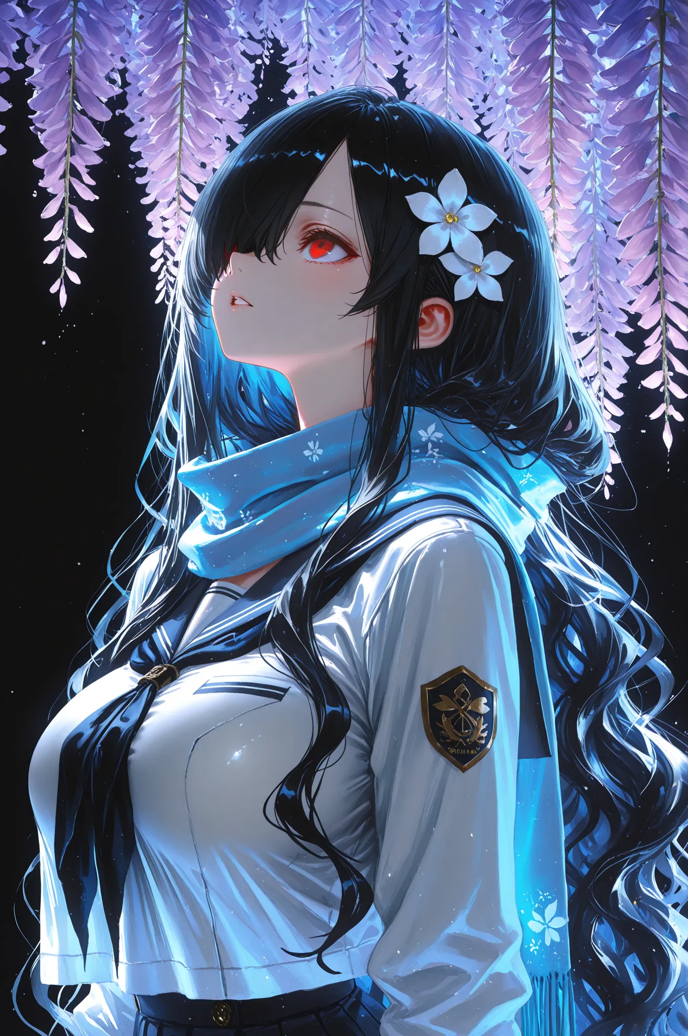 masterpiece, best quality, amazing quality, 8k, HDR, absurdres, newest, wanke, impressionism, stu dts, infukun, reoen, shion \(mirudakemann\), wlop, (isshiki \(ffmania7\):0.9), cinematic lighting, cinematic shadows, cinematic, Glittering Effect, sparkling, glittering, glowing, 1girl, Kuroki Monika, black hair, very long hair, wavy hair, (hair over right eye), red eyes, large breasts, petite, curvy, very cute, hair ornament, hair flower, scarf, school uniform, serafuku, neckerchief, sailor collar, solo, upper body, looking up, parted lips, from side, flower, wisteria, blue theme, black background,
